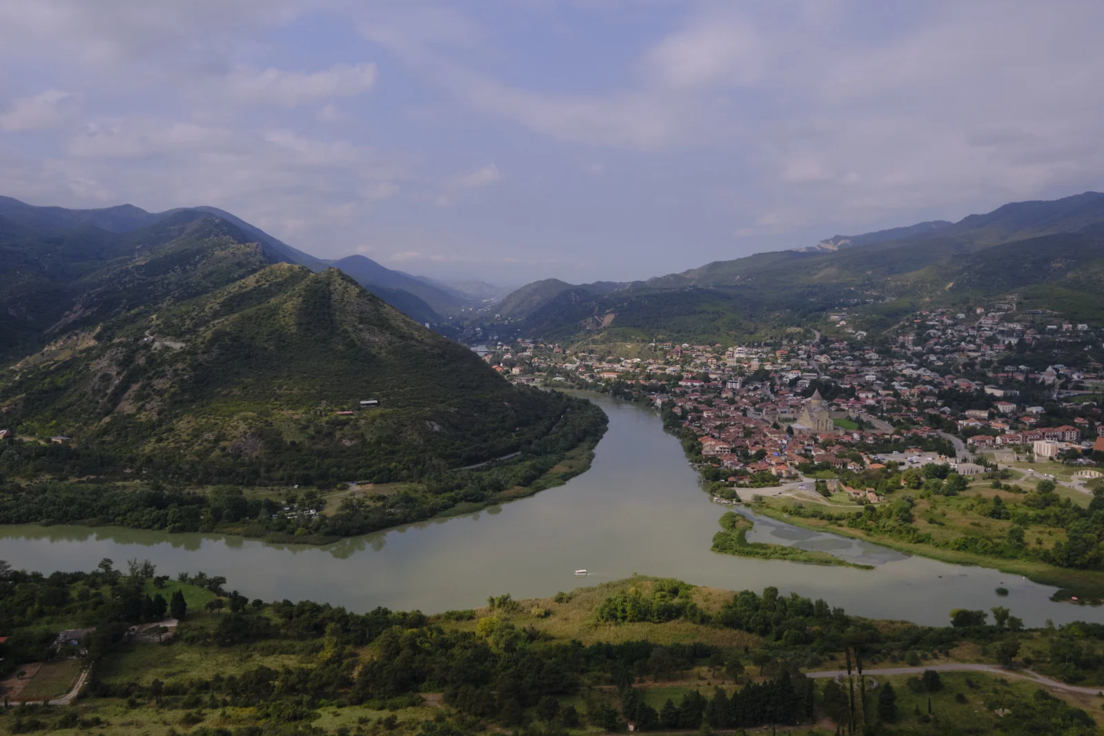 A wider view of Mtskheta and the joined rivers, from the hill at Jvari.