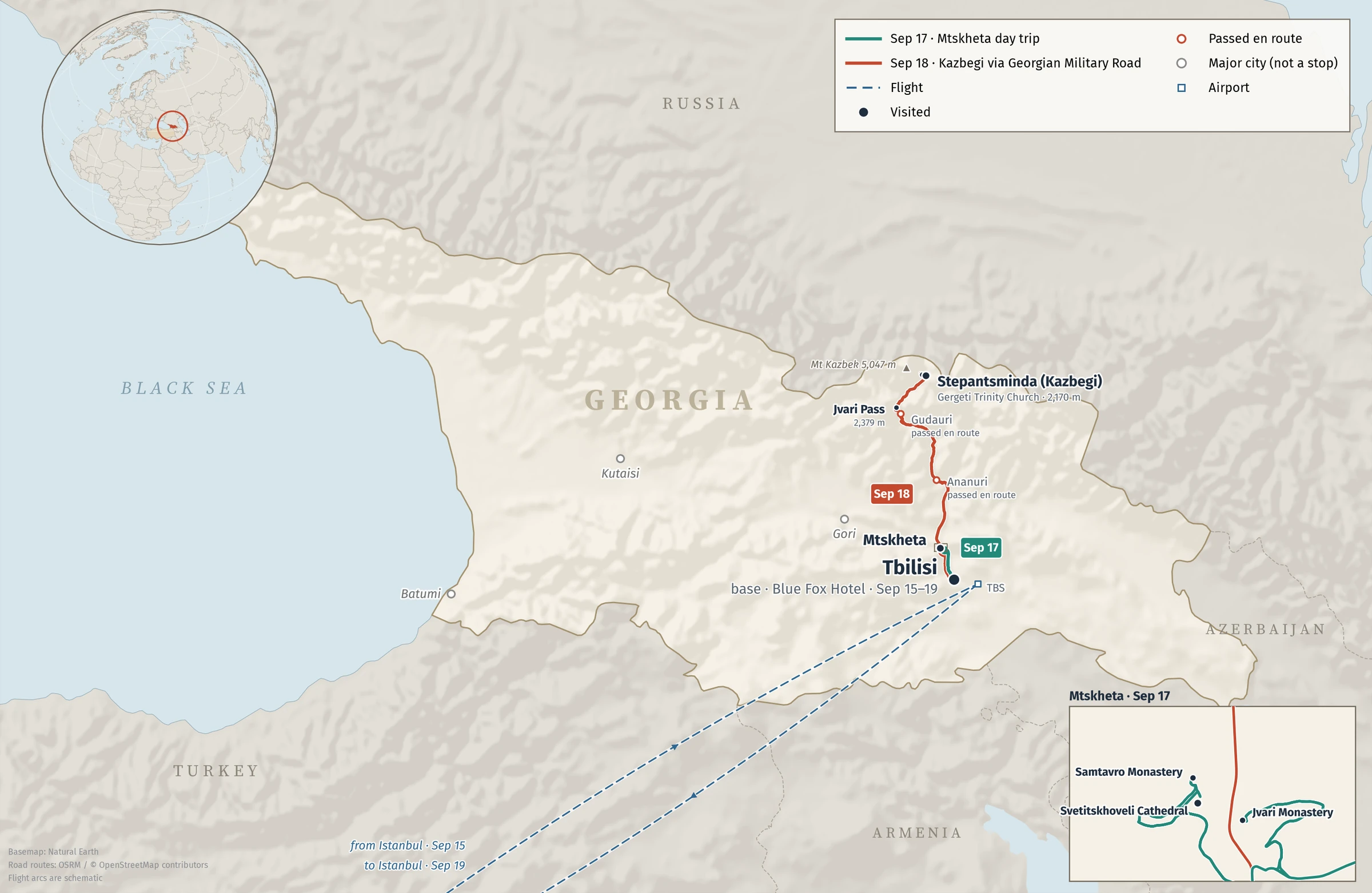 Map of Georgia showing Tbilisi as the base from September 15 to 19, the September 17 day trip to Mtskheta (Svetitskhoveli, Samtavro and Jvari Monastery), and the September 18 drive up the Georgian Military Road past Ananuri, Gudauri and the Jvari Pass to Stepantsminda and Gergeti Trinity Church.