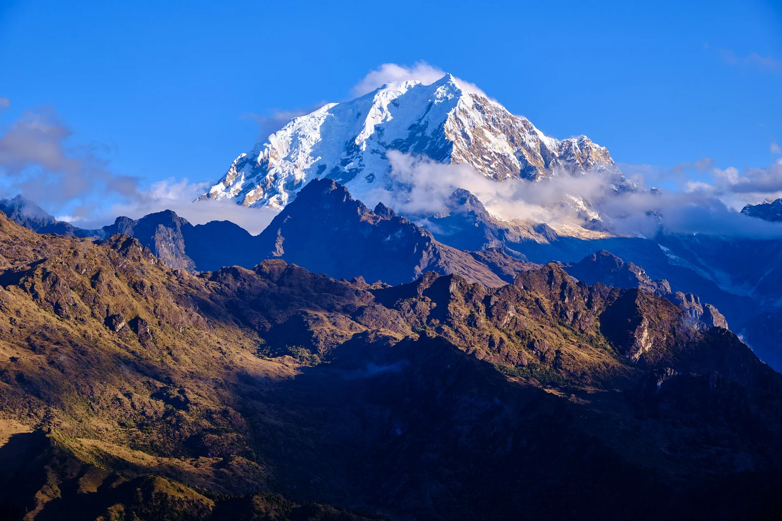 Snow-covered summit of Salkantay rising above dark ridgelines in morning light