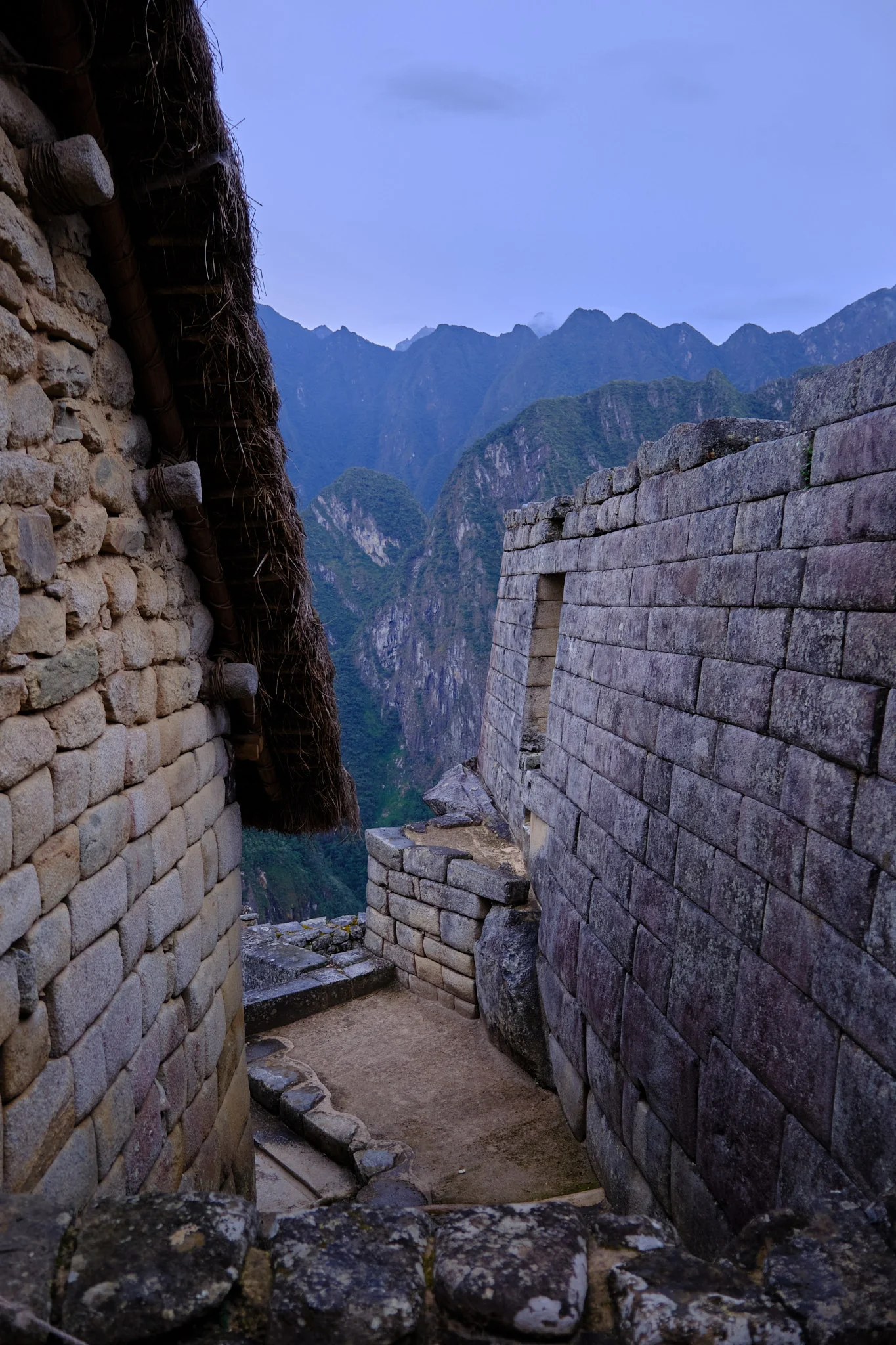 Interior of a Machu Picchu building with a thatched roof, looking out through stone walls to the mountains