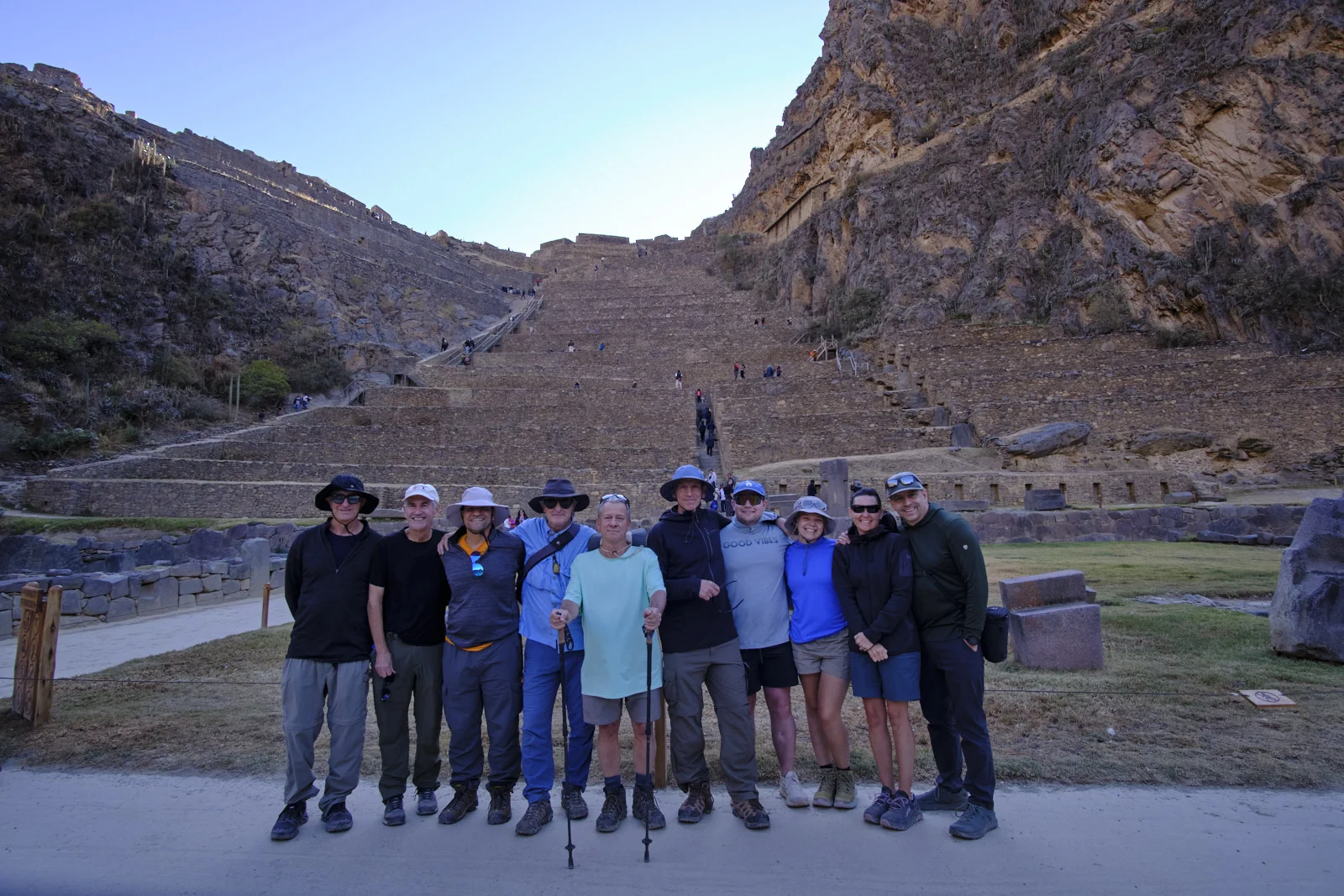 Ollantaytambo fortress: the steep agricultural terraces of Temple Hill, with Pinkuylluna’s cliff storehouses on the opposite wall