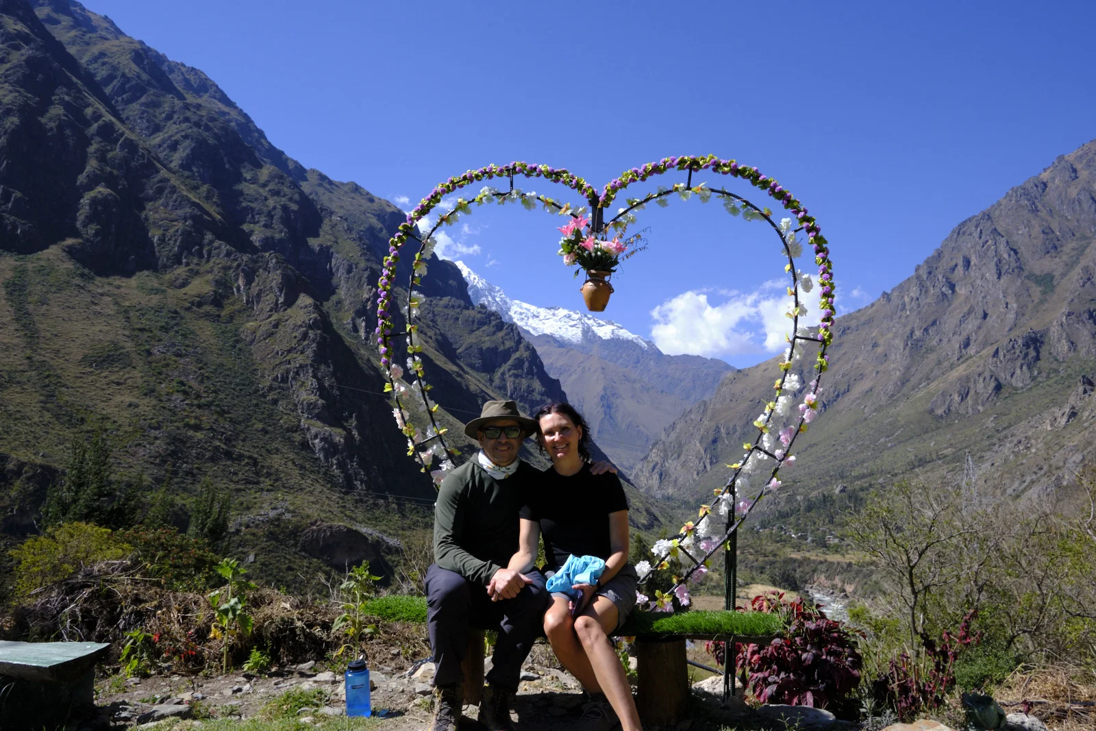 Overlook above the Urubamba valley, with snow-capped Nevado Veronica at the head of the canyon