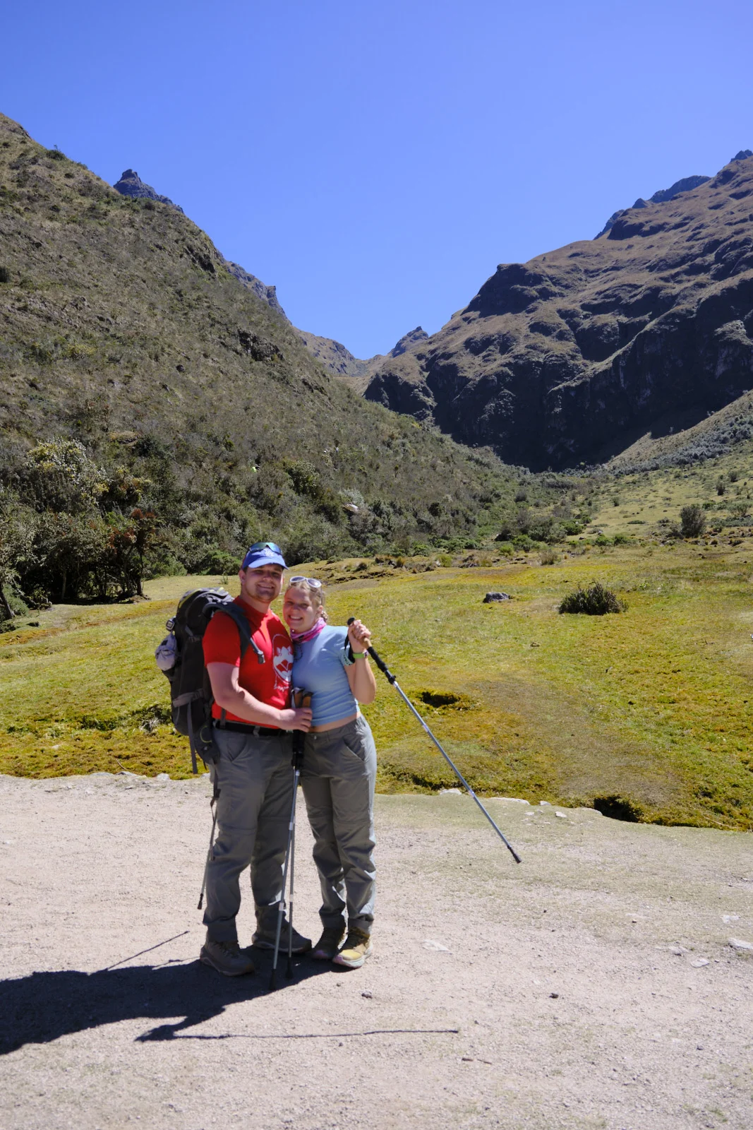 Llulluchapampa, the hanging meadow below Dead Woman’s Pass (Warmiwañusqa), with the pass saddle in the ridges ahead