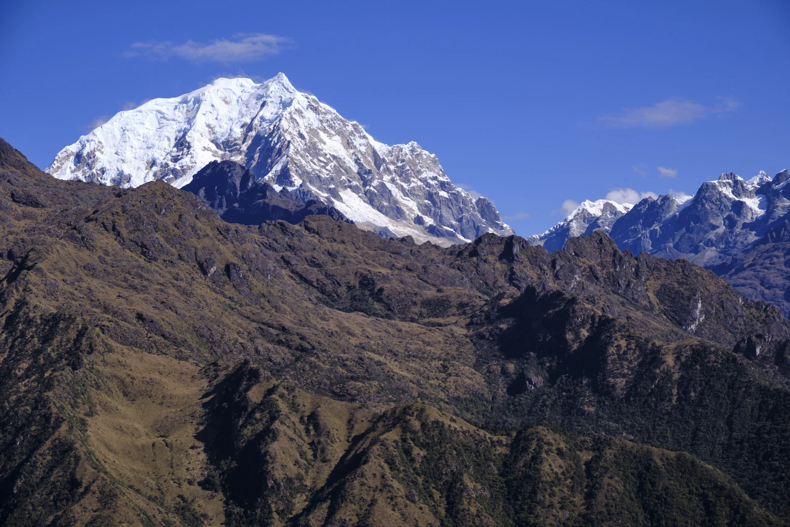 Nevado Salkantay from Phuyupatamarca, glaciated summit above brown grassy ridges