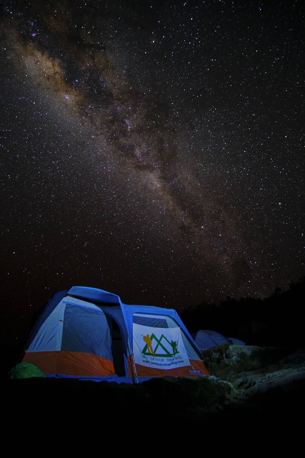 Dining tent and smaller tents at Phuyupatamarca camp beneath the Milky Way