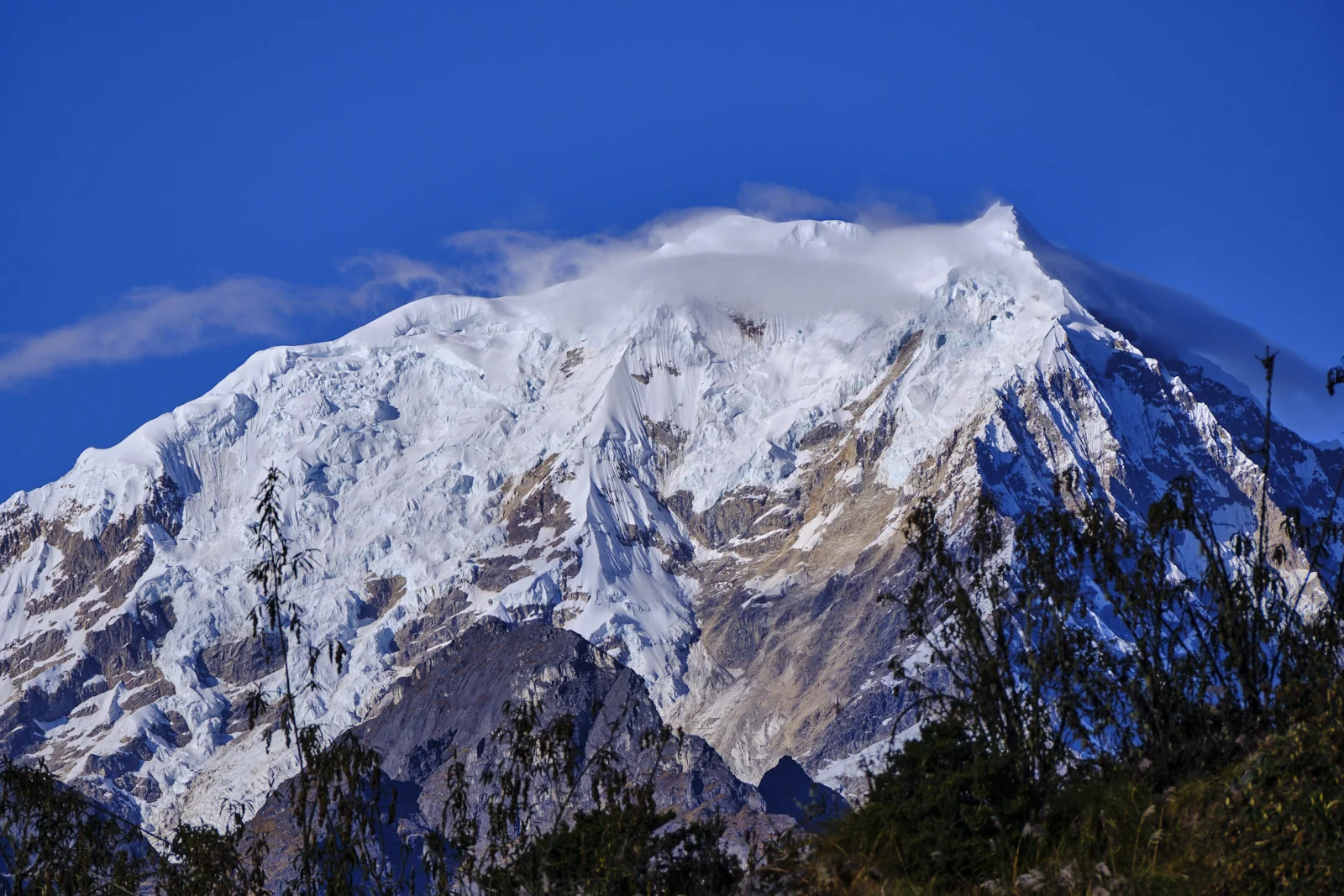 Glaciers and ice faces of Salkantay in the Vilcabamba range, from Phuyupatamarca at first light