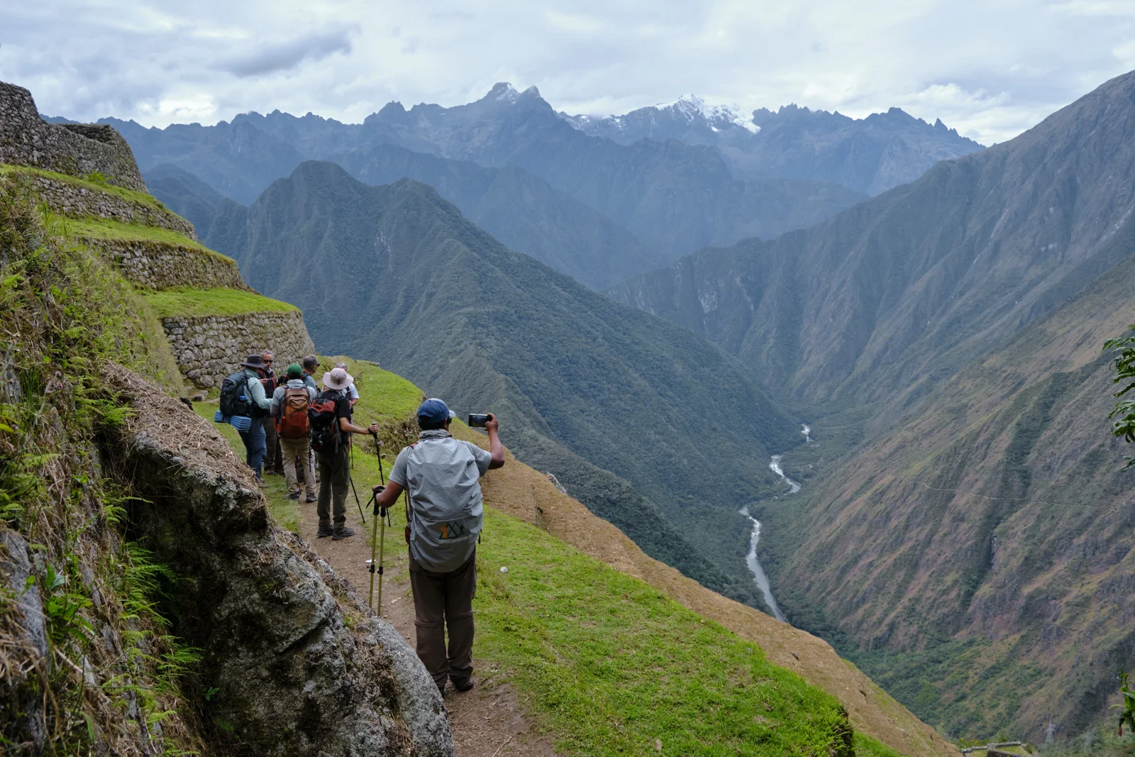 Intipata’s stone terraces above the Urubamba canyon, the river a thin line through forested mountains