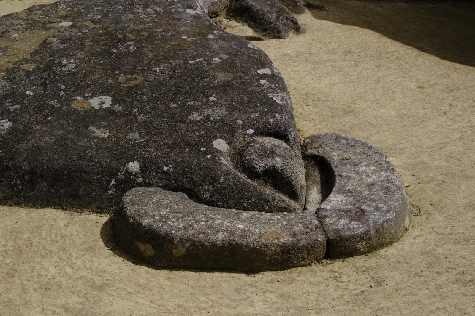 Carved condor head at the Temple of the Condor in Machu Picchu’s urban sector: a granite slab shaped as the bird’s head and ruff