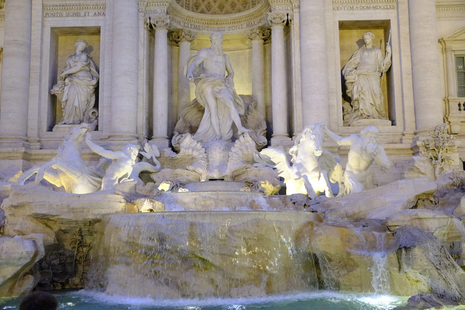 Trevi Fountain in Rome at night, Oceanus with tritons and seahorses