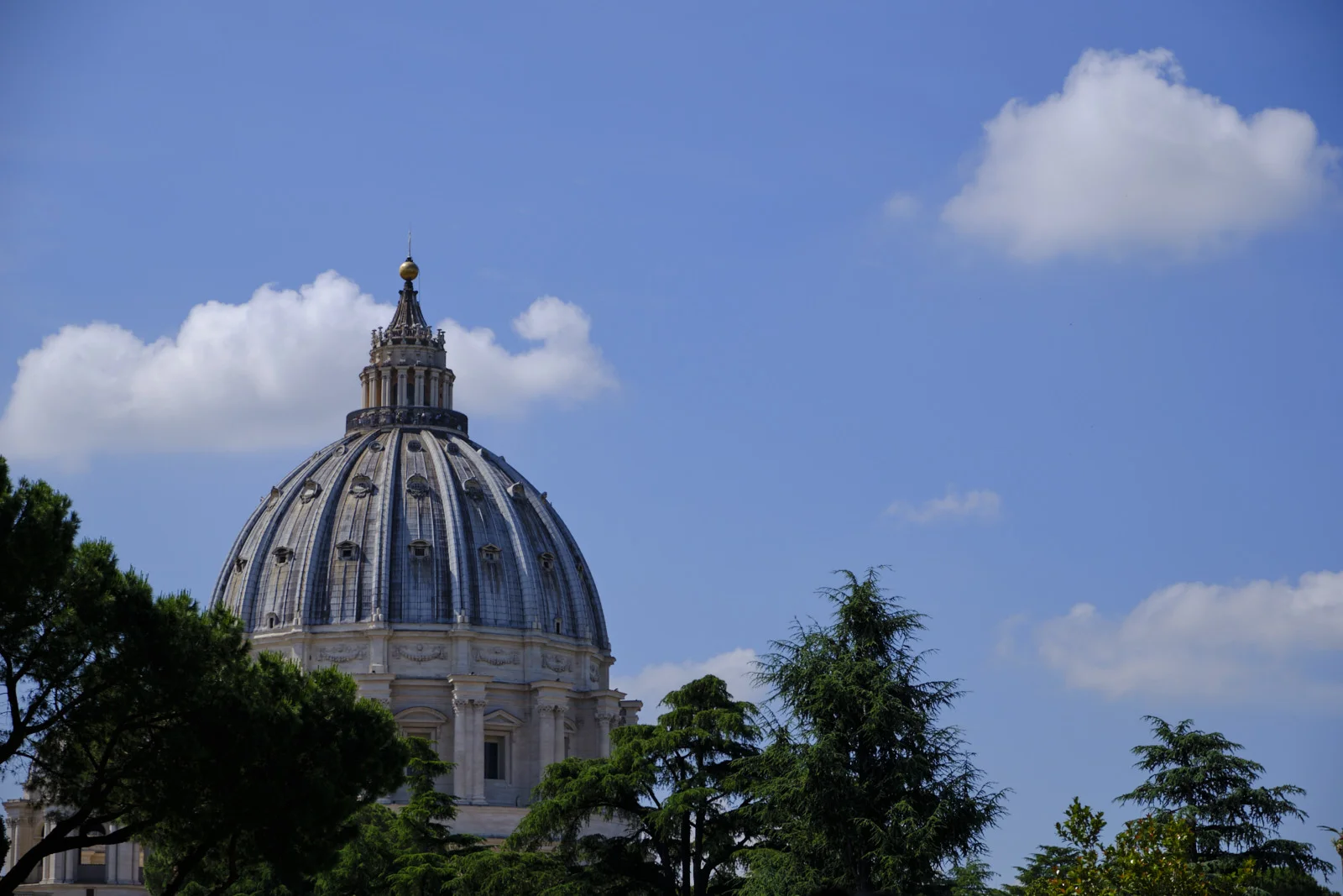 Dome of St. Peter’s Basilica with lantern and gold orb above cypresses