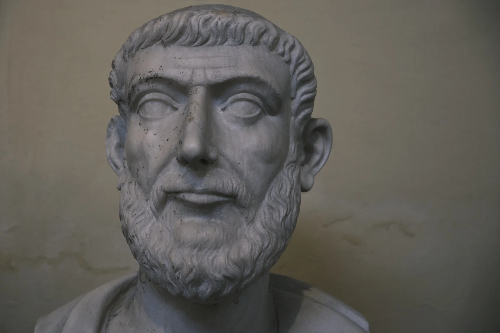 Close-up of a bearded marble Roman portrait bust