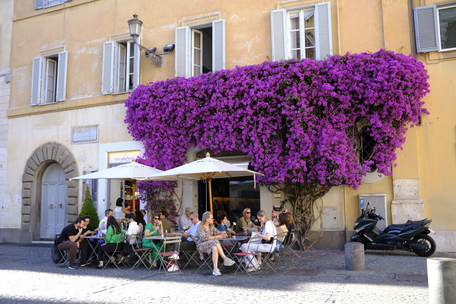 People at outdoor tables under purple bougainvillea in Rome