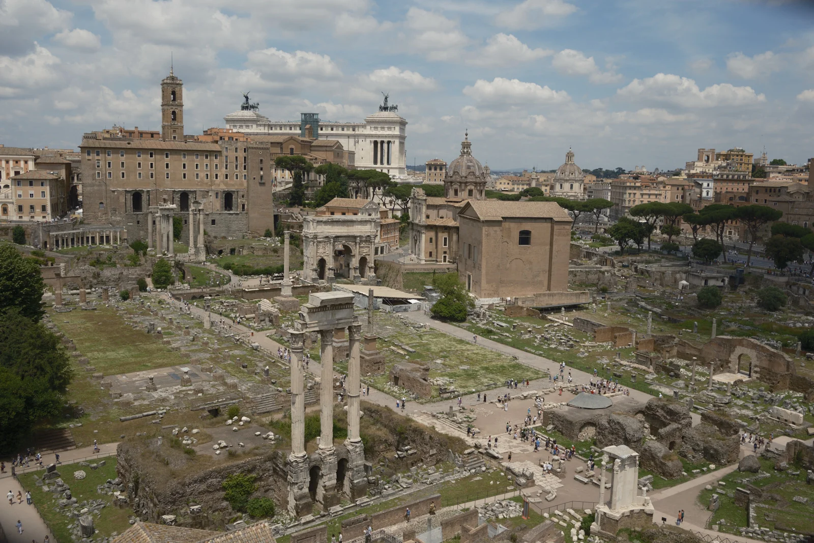 Aerial view of the Roman Forum toward the Capitoline and Vittoriano