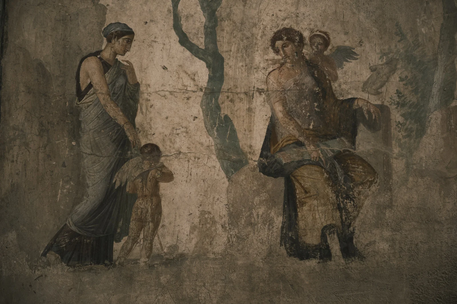 Roman wall painting of a woman, Cupid, and a seated man