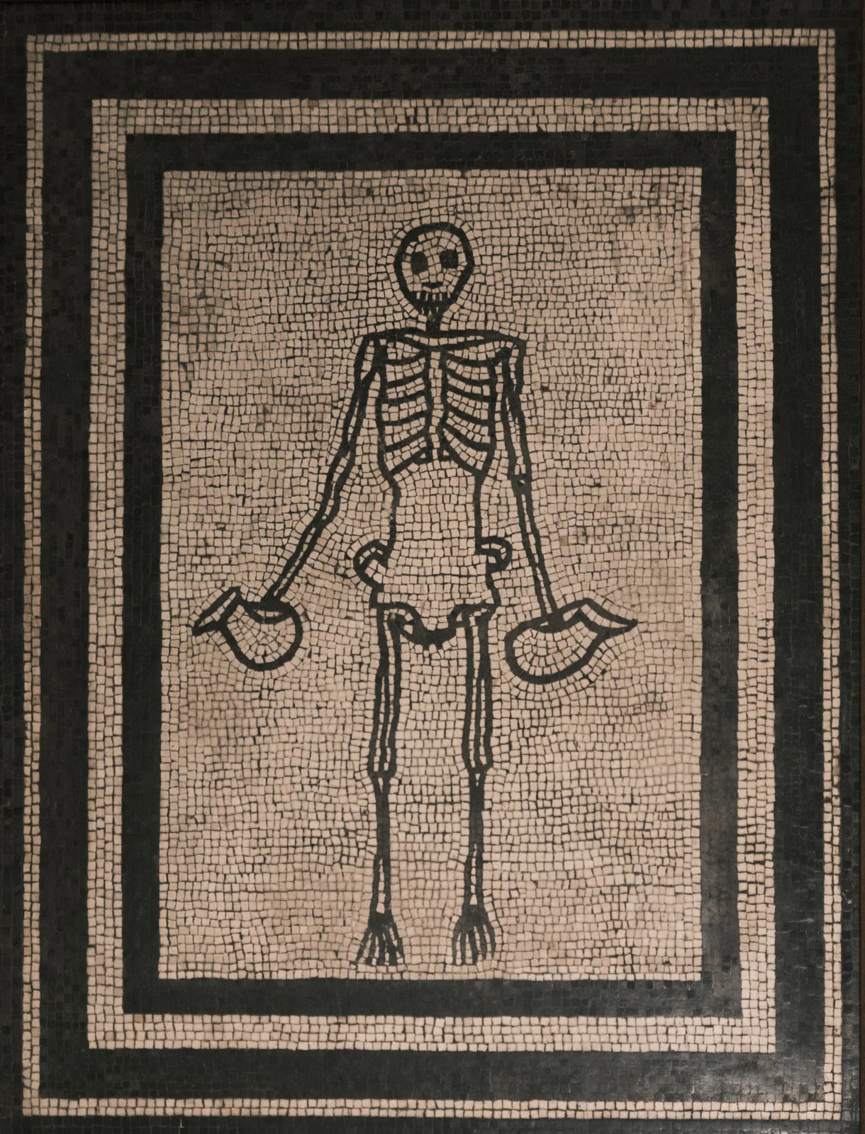 Mosaic of a skeleton holding two jugs