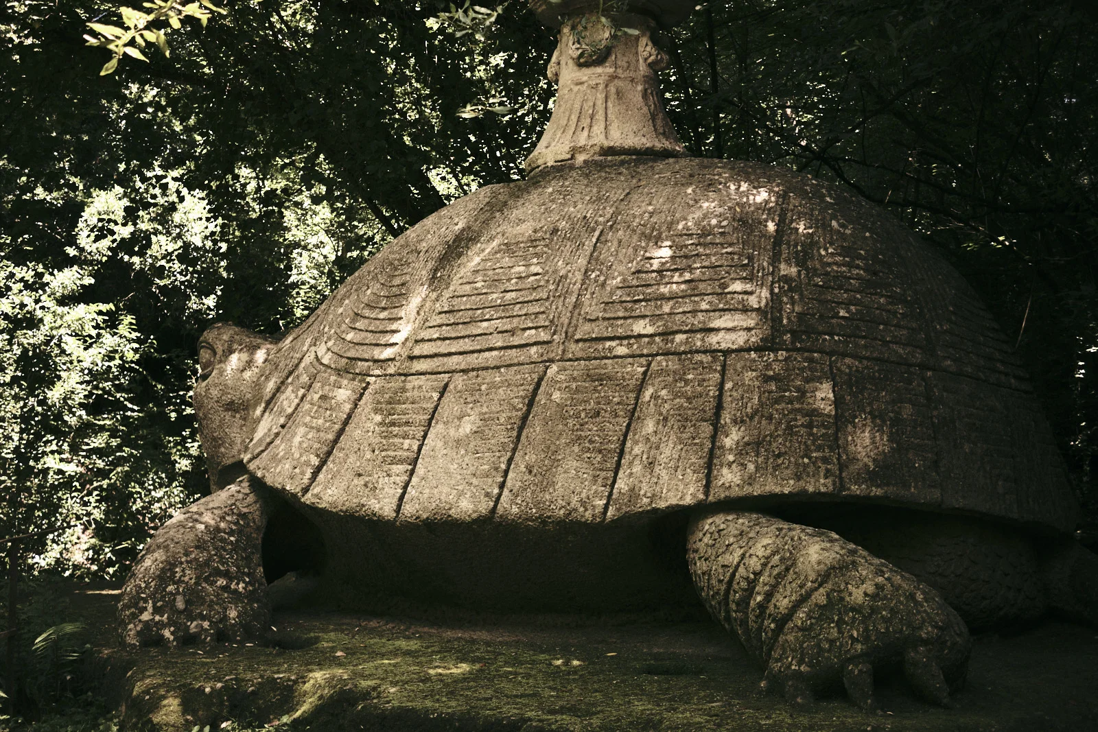 Enormous stone tortoise in the woods at Bomarzo