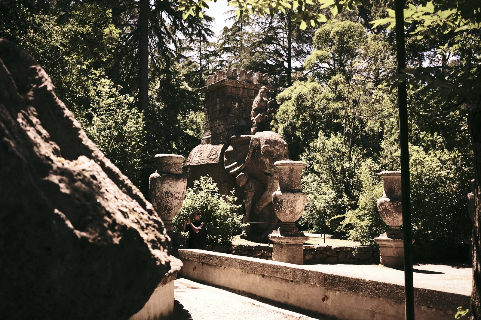 Stone elephant carrying a castle in the Park of the Monsters