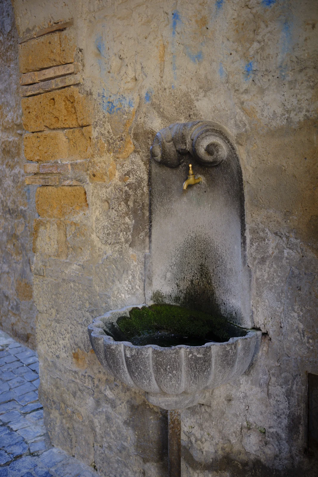 Small stone wall fountain with a mossy basin in Orvieto