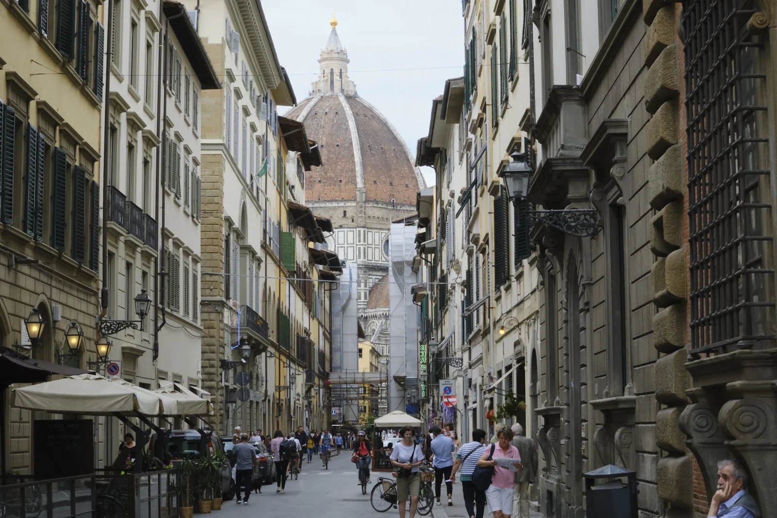 Street in Florence framed by the Duomo’s brick dome