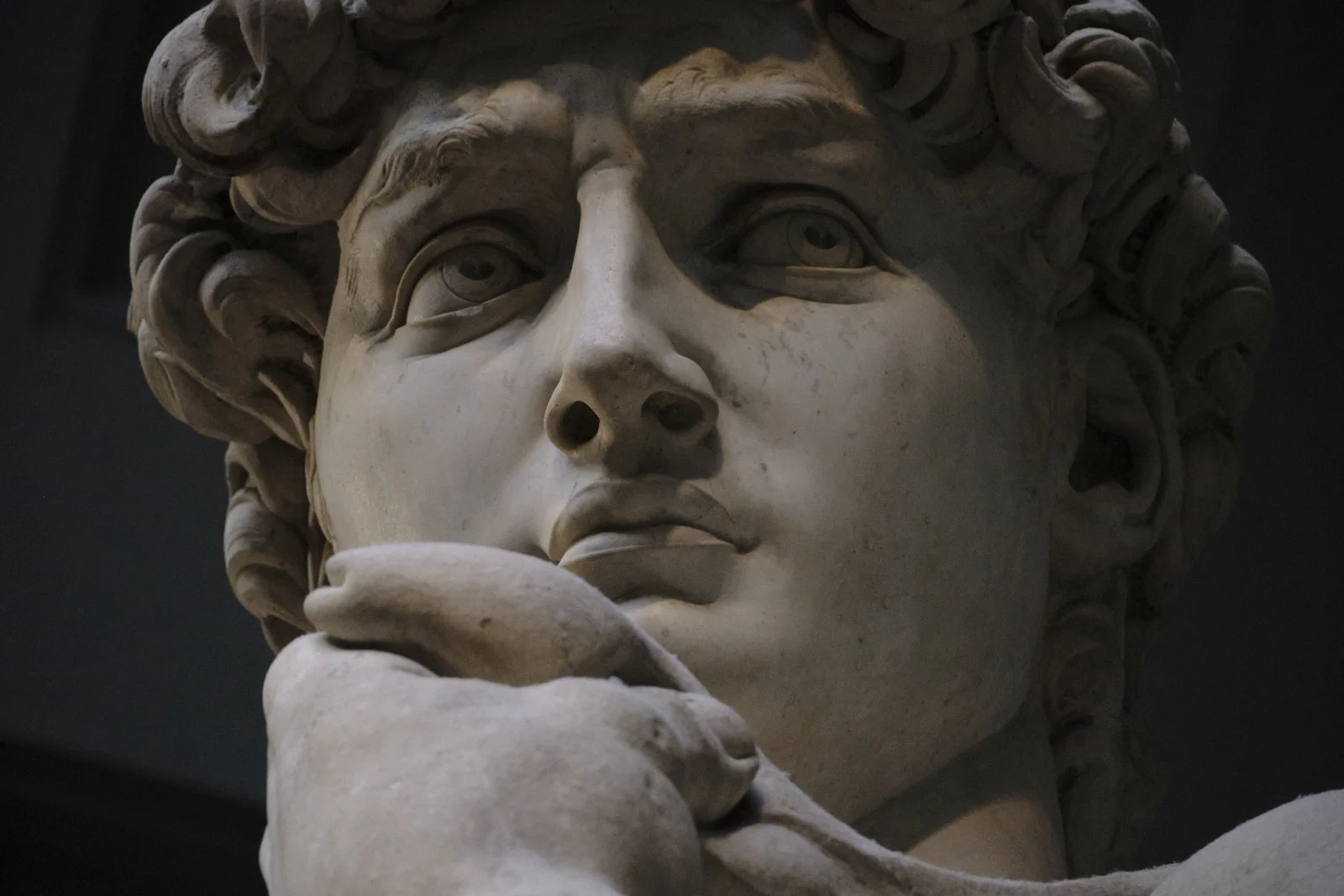 Close-up of David’s face and the hand holding the sling stone