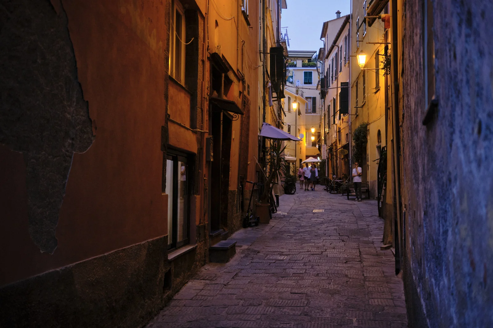 Narrow cobbled street at dusk in a Cinque Terre town