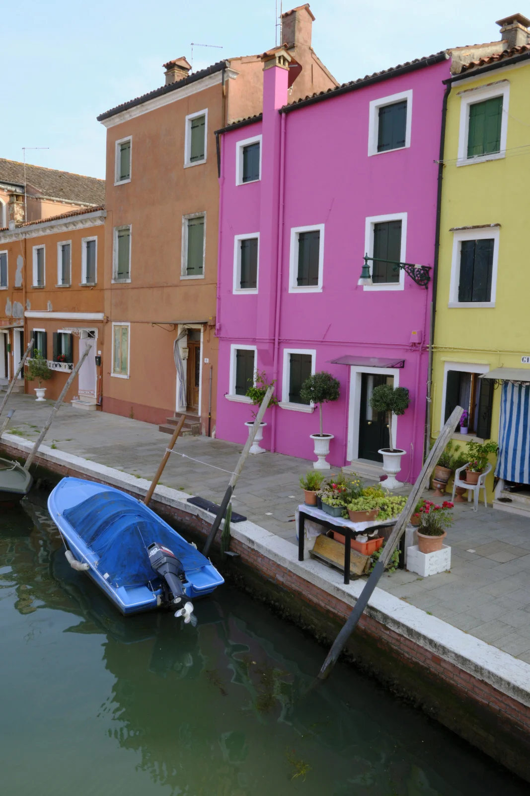 Magenta and yellow houses on a Burano canal