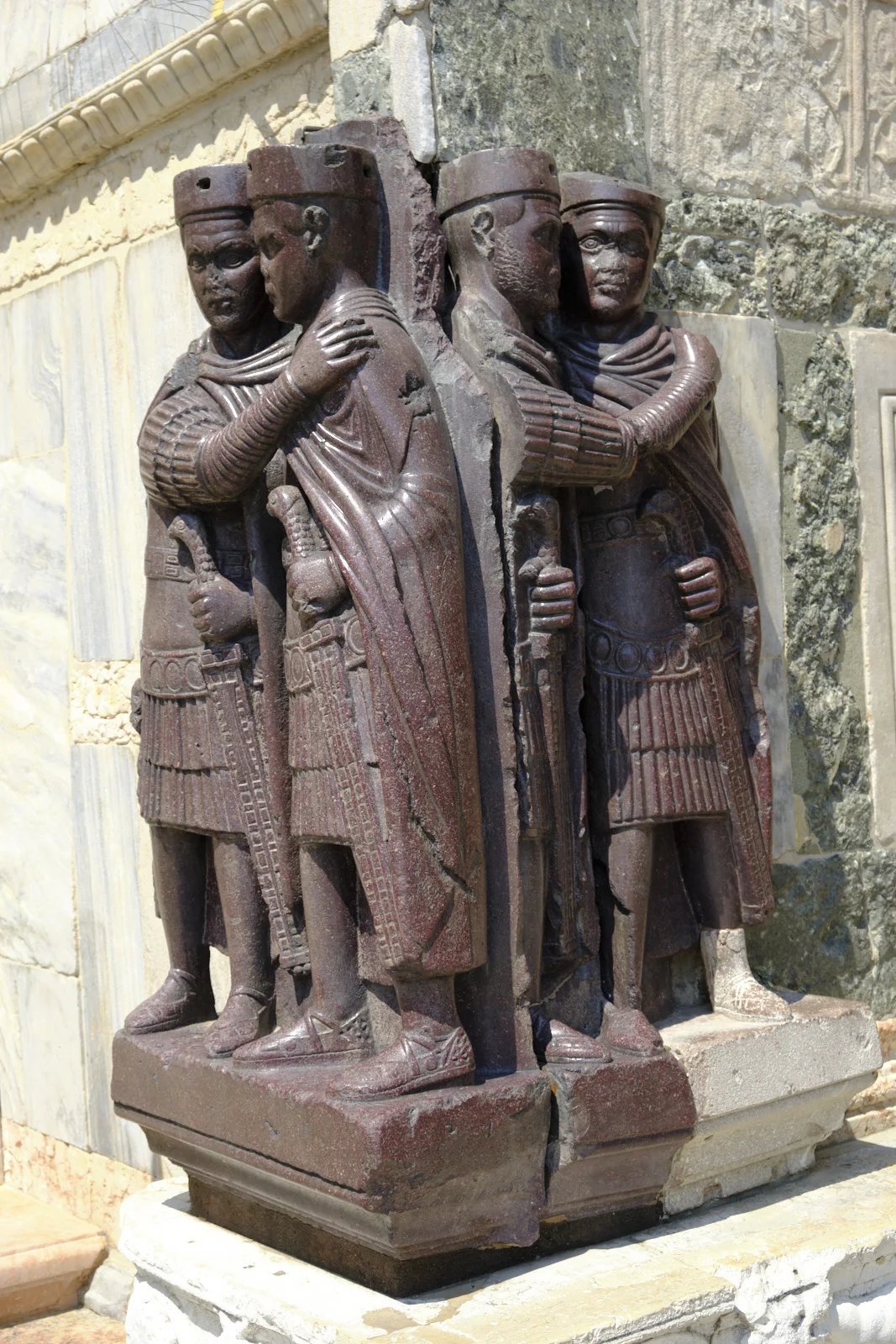 Porphyry sculpture of four embracing Roman emperors at San Marco