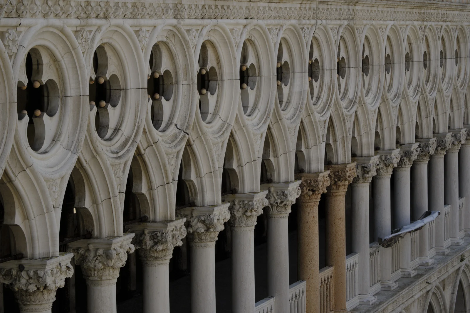 Venetian Gothic arcade of the Doge’s Palace with quatrefoil tracery