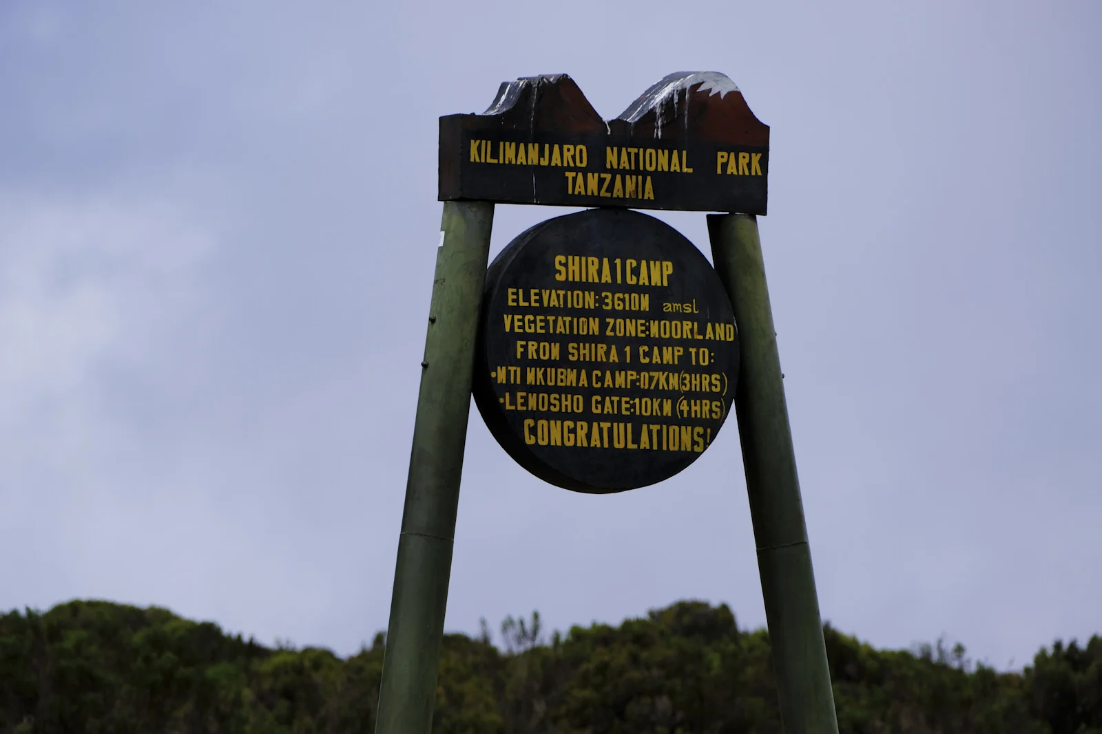 Kilimanjaro National Park sign for Shira 1 Camp at 3610 meters