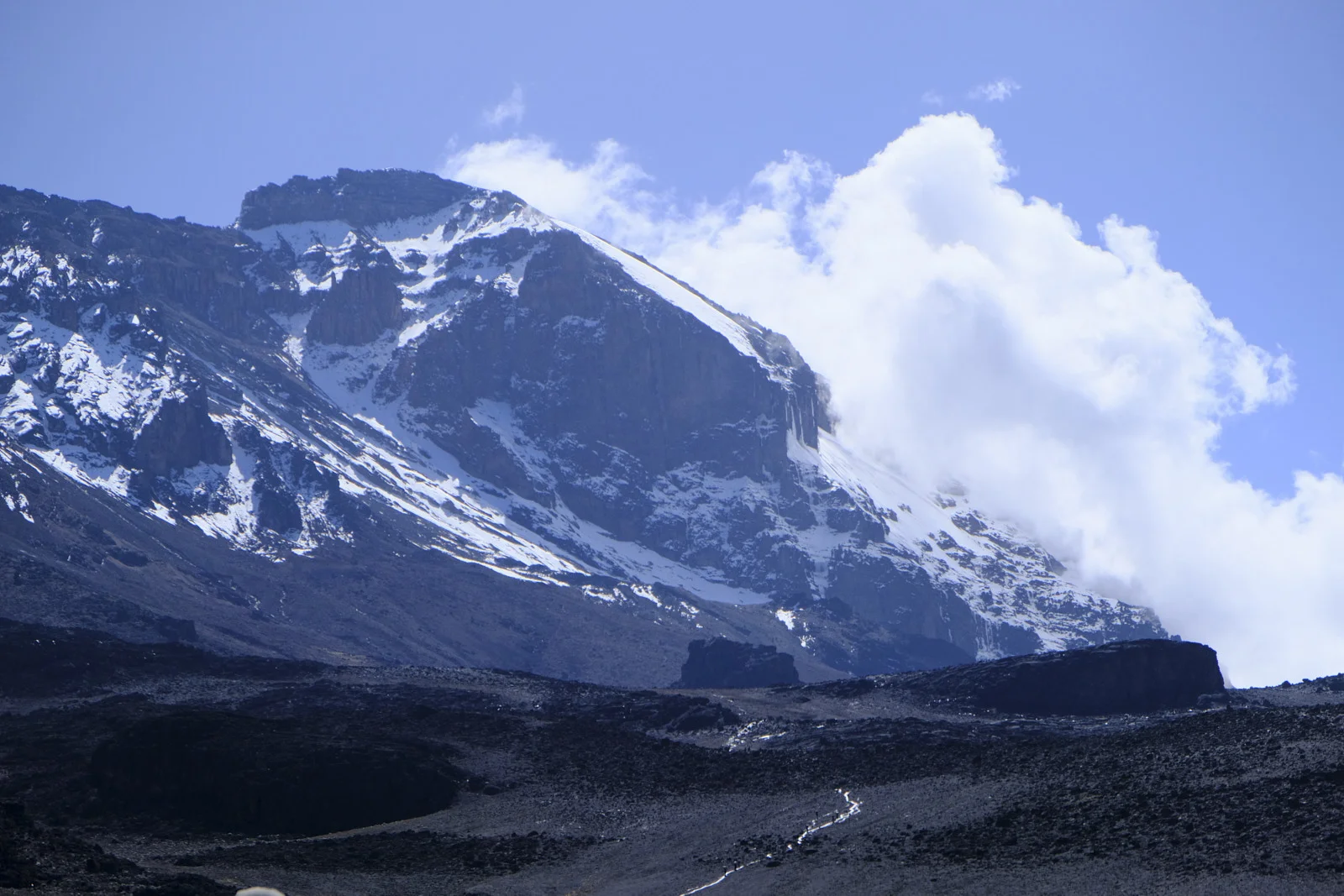 Snow and ice on Kibo’s western face above black lava