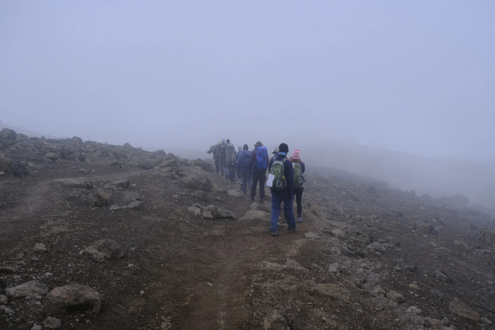 Climbers walking a trail into thick fog