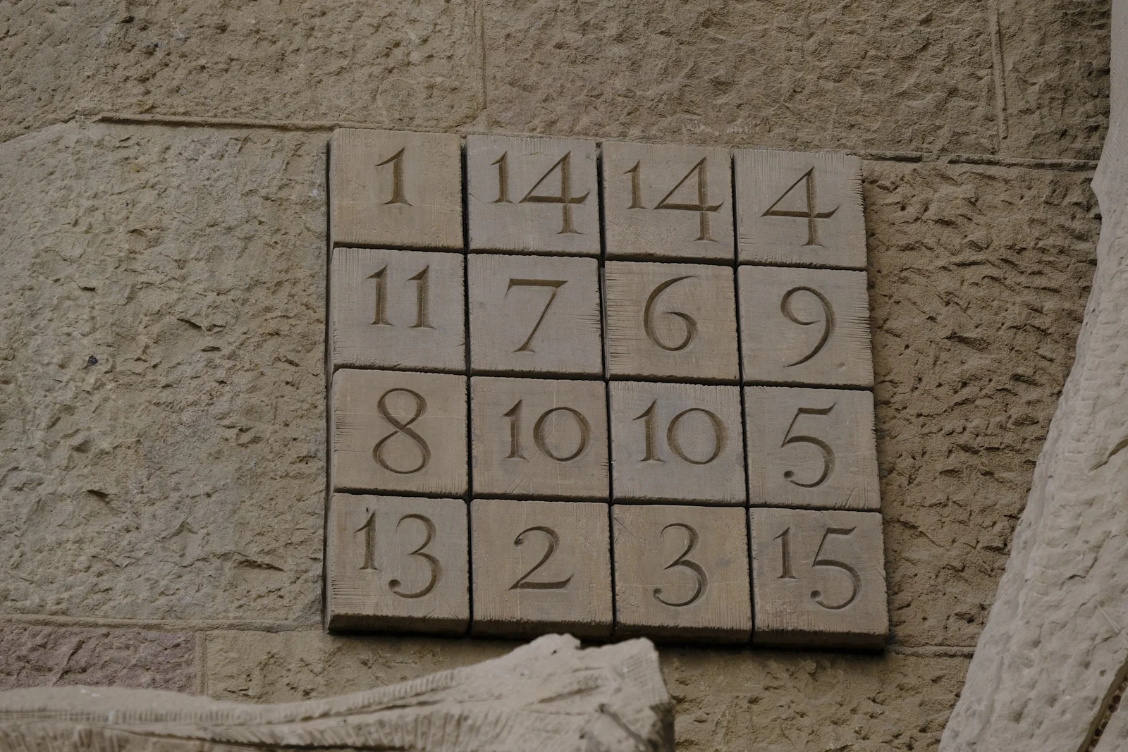 The numbered magic square on the Passion facade of the Sagrada Família in Barcelona.