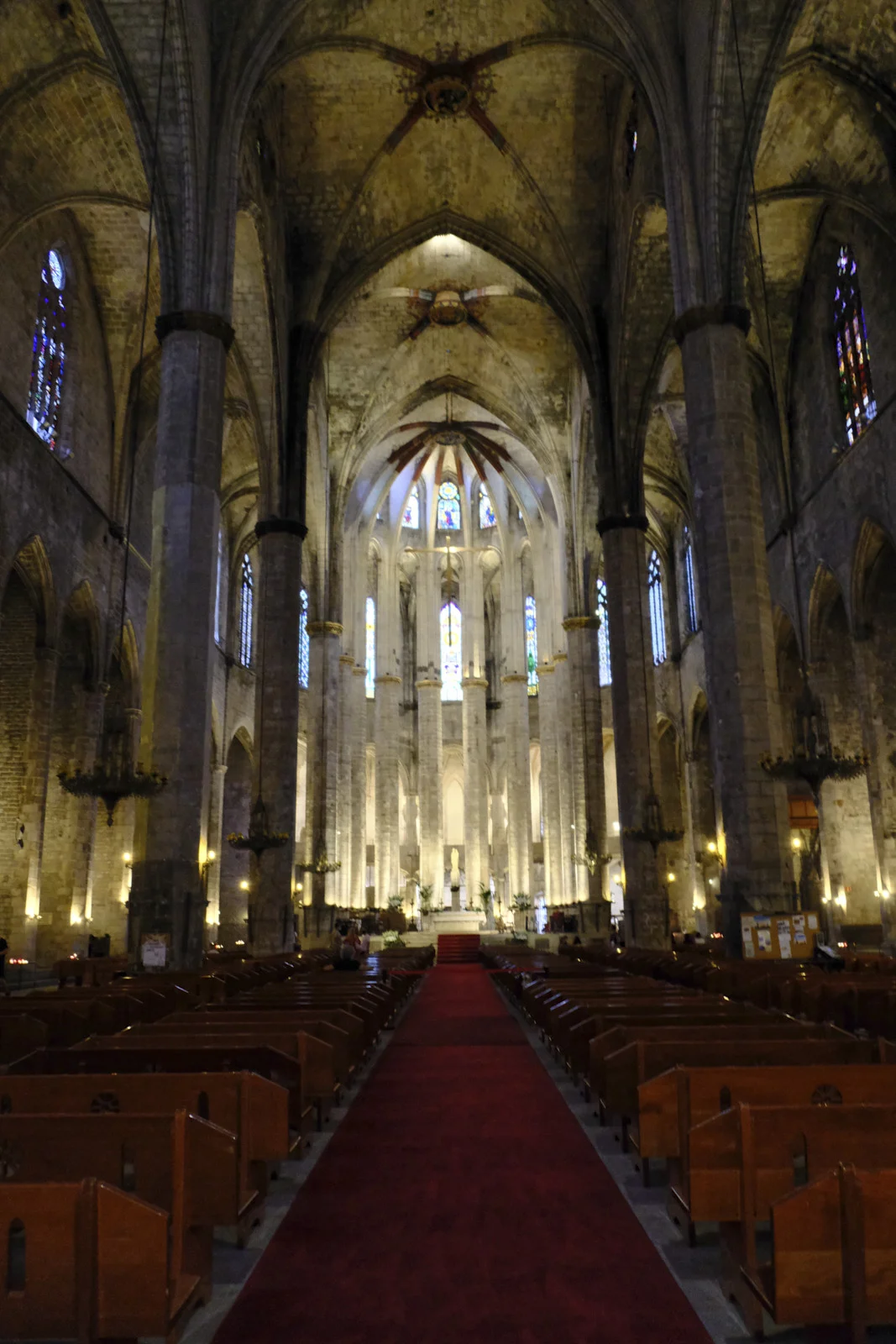 The nave of the basilica of Santa Maria del Mar in Barcelona, looking toward the altar.