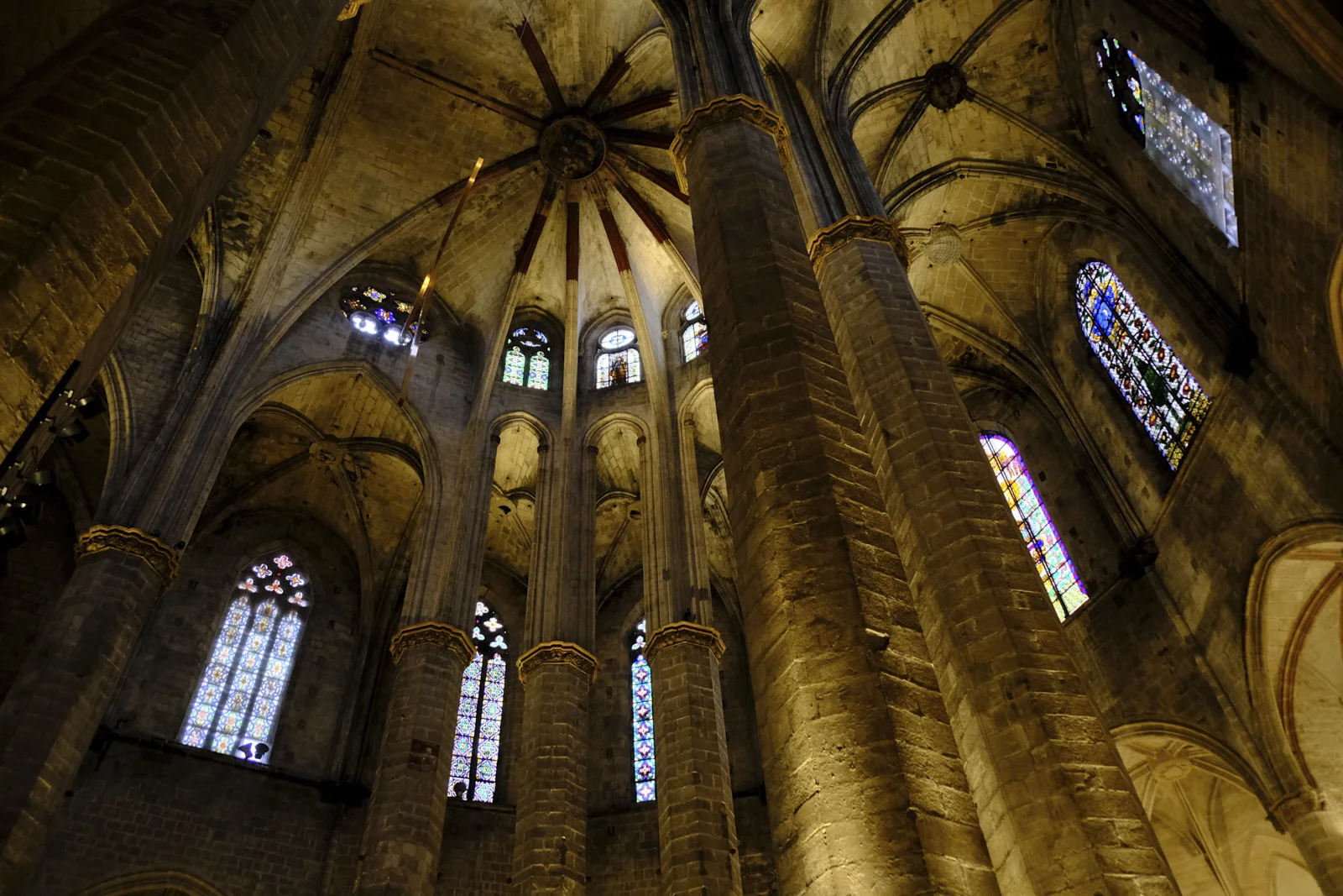 Stone vaults and columns inside Santa Maria del Mar in Barcelona.
