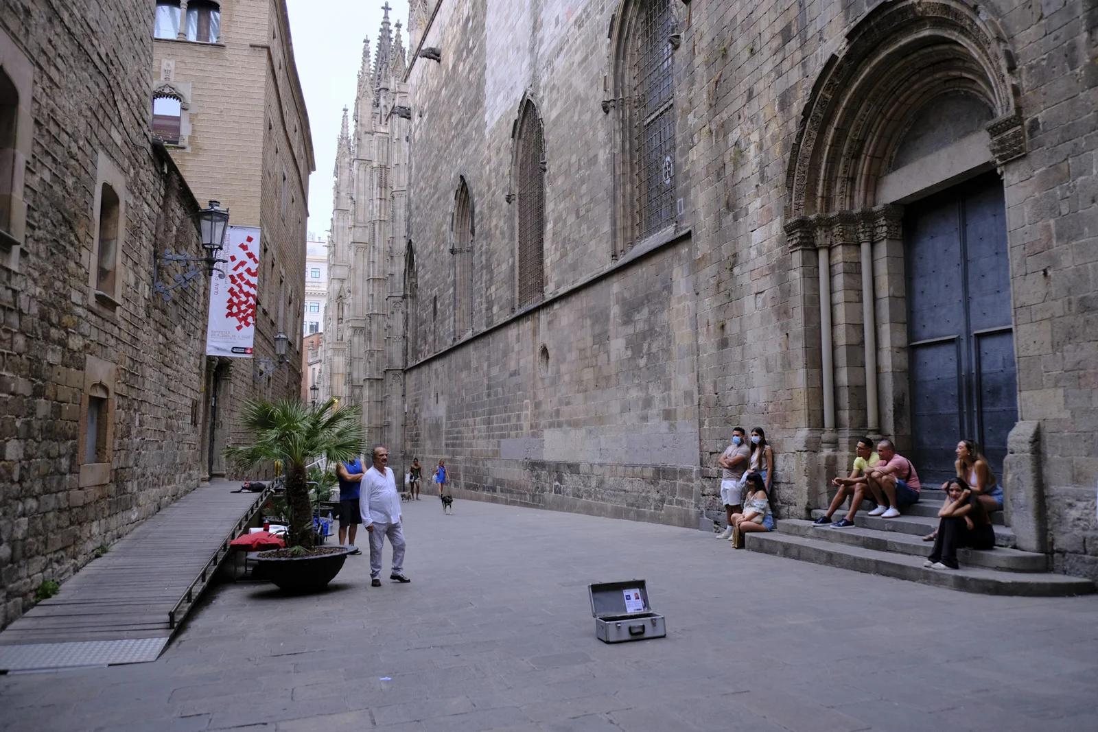 The door of the Chapel of Santa Llúcia beside the wall of Barcelona Cathedral.