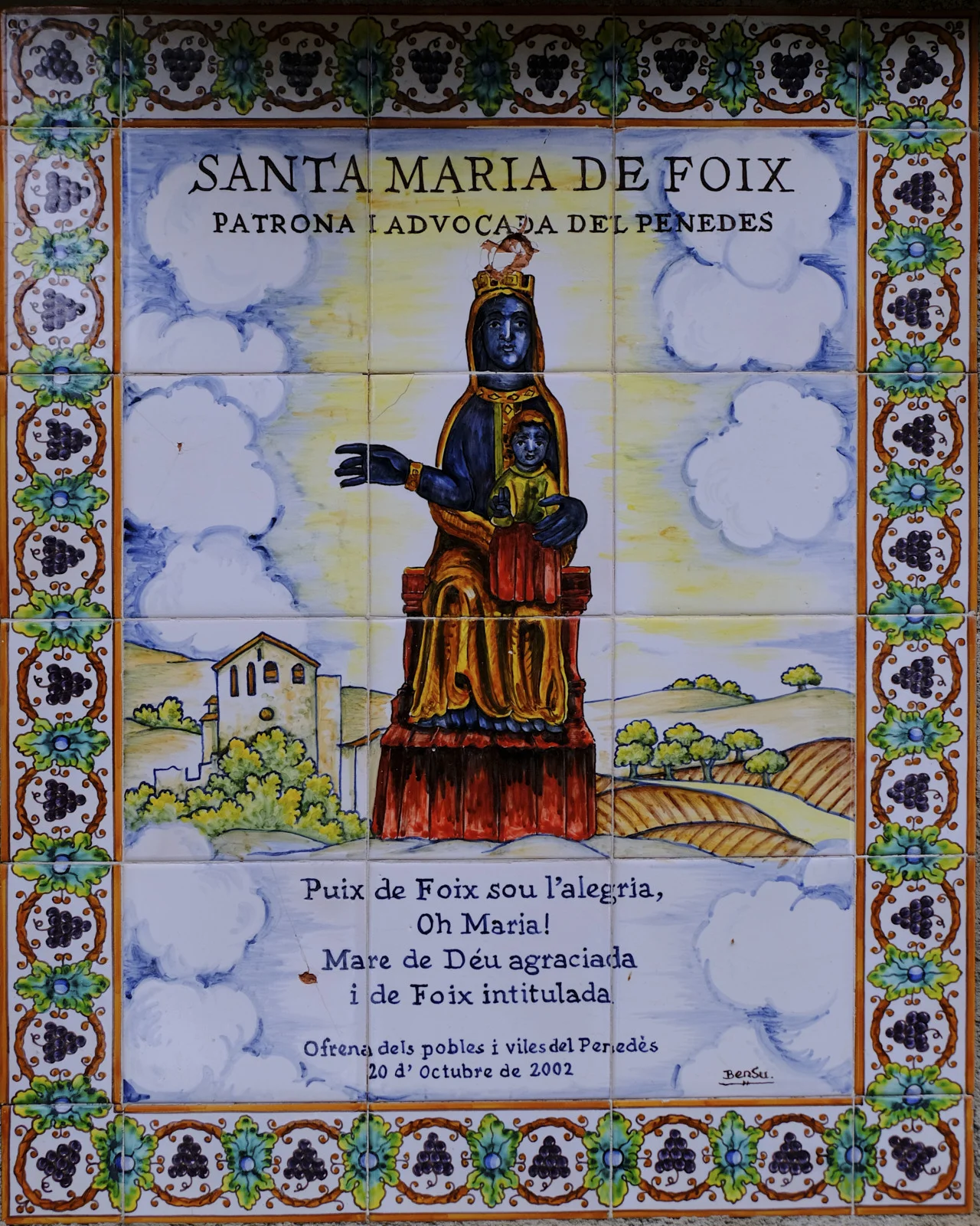 A ceramic tile at Montserrat of Santa Maria de Foix, patron of the Penedès, showing the Virgin and Child.