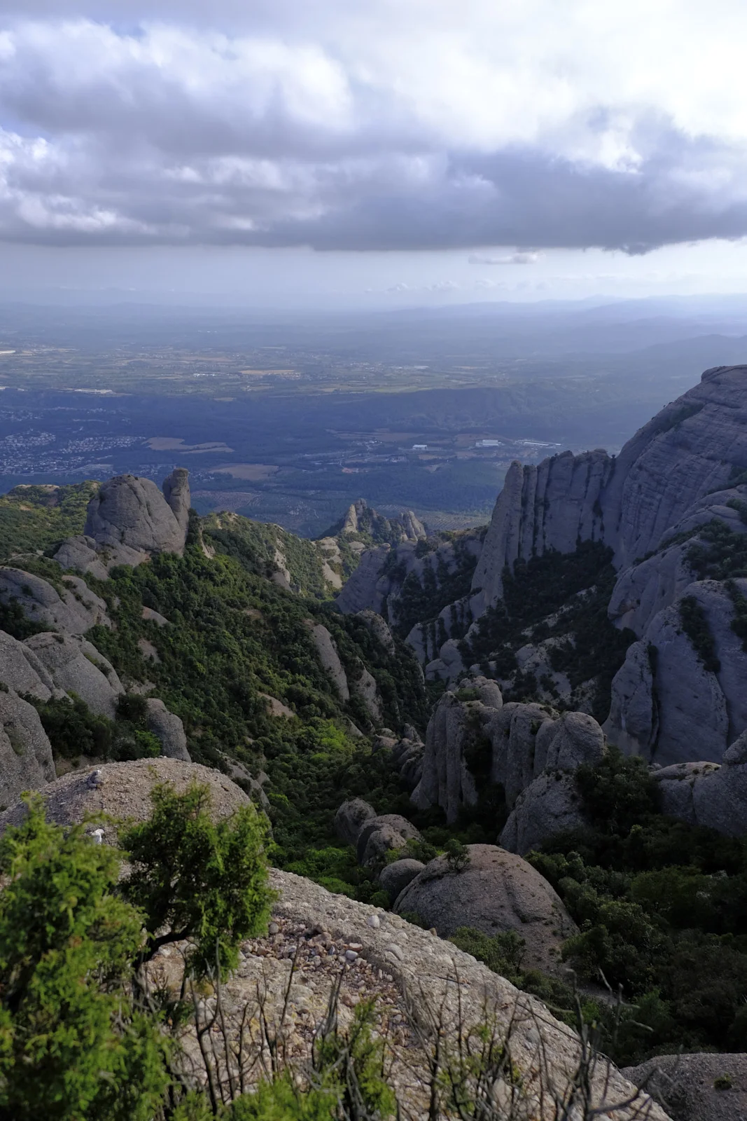 Rock towers and a valley at Montserrat, seen from high on the mountain.