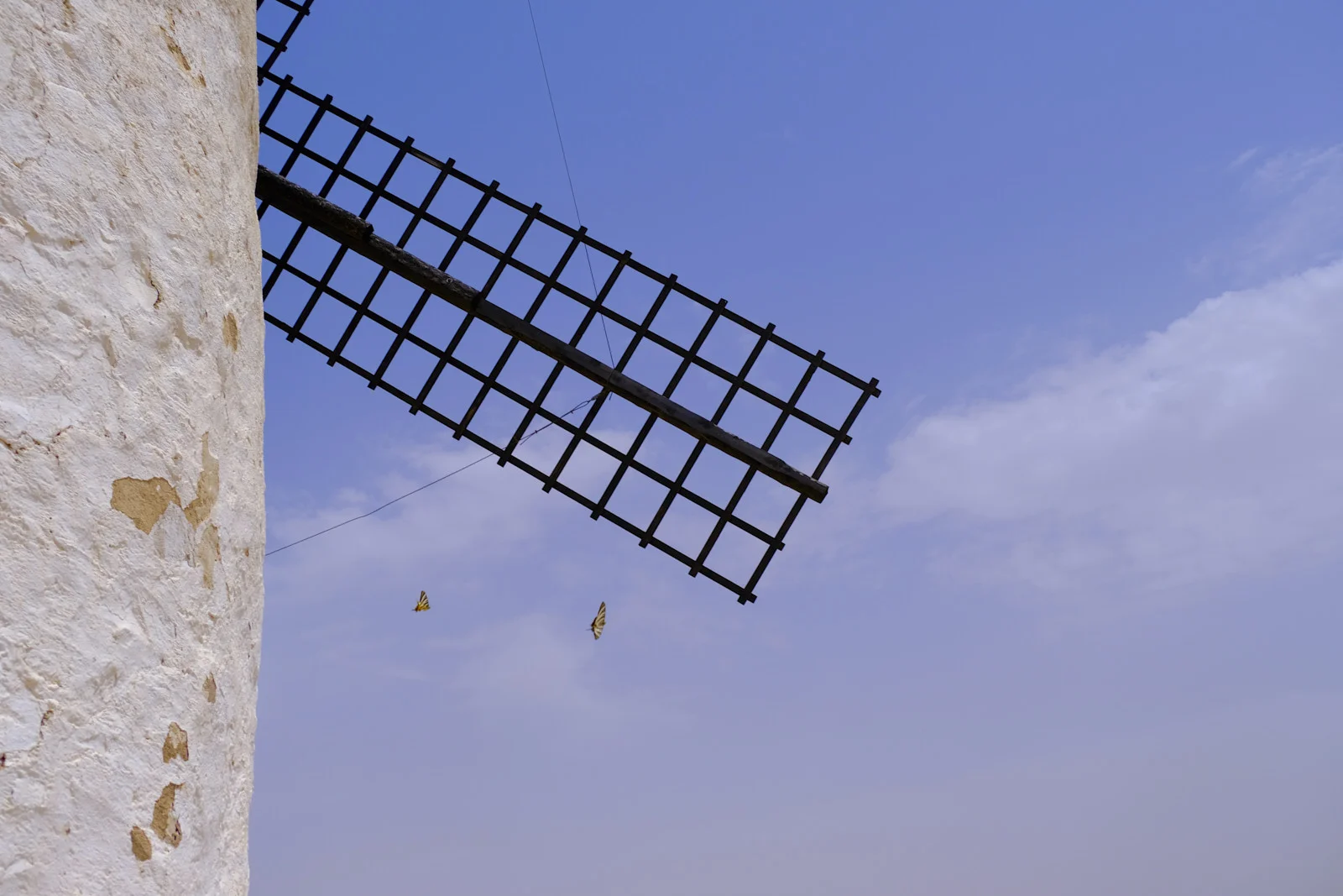 Two butterflies beside a sail of a windmill at Consuegra.