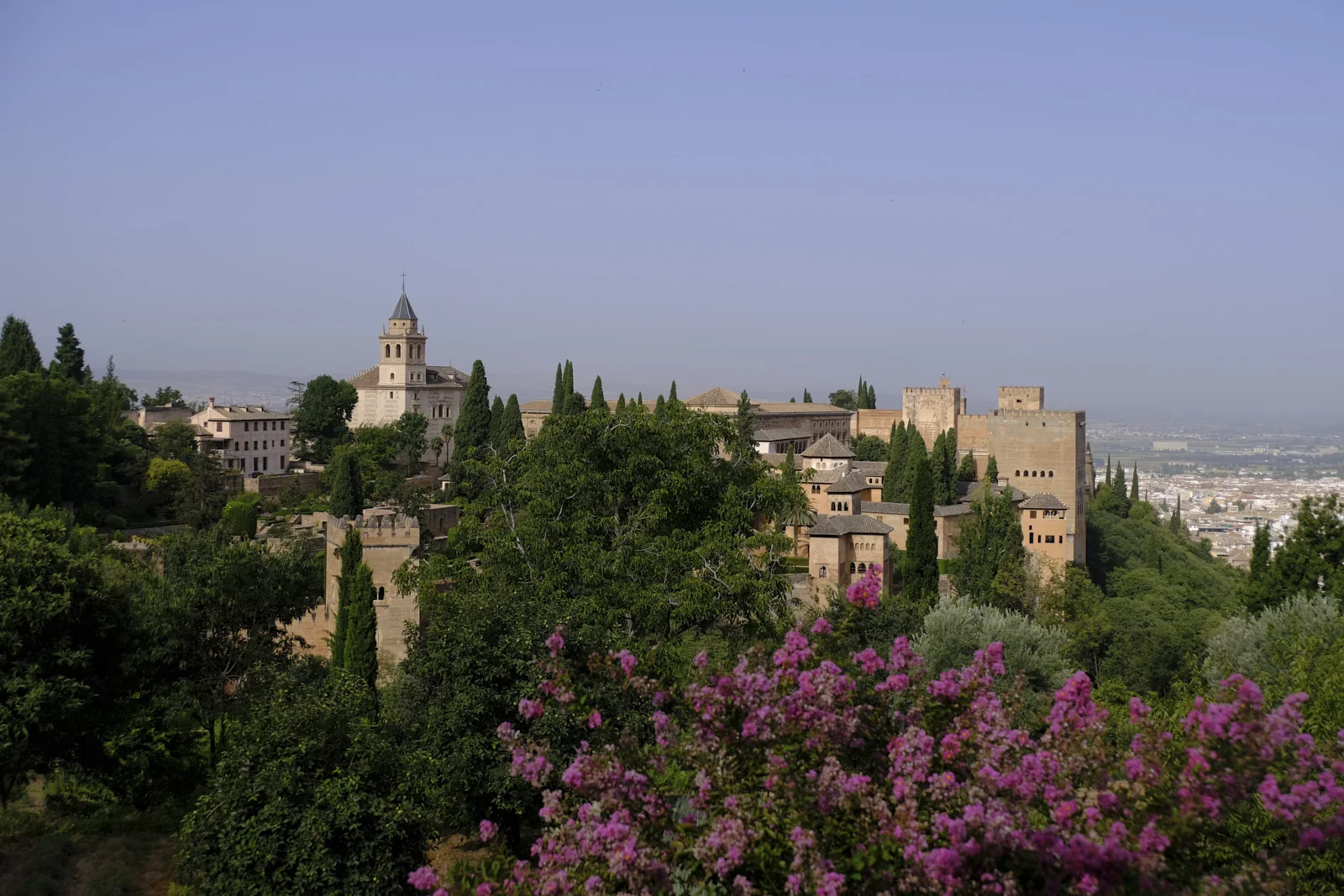 Santa María de la Alhambra and towers of the Alcazaba, seen from the Generalife in Granada.