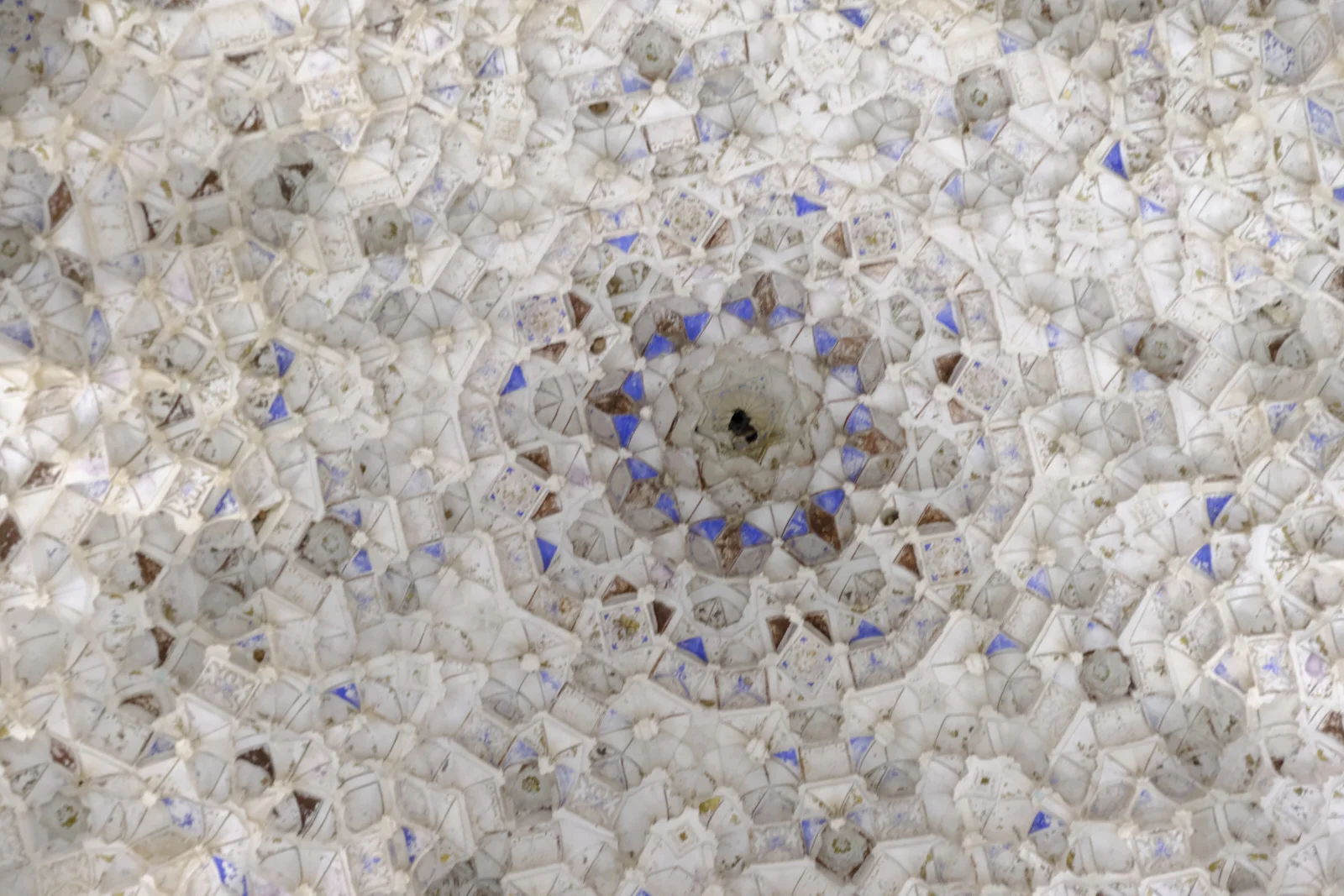 A close view of the small carved cells of a muqarnas dome, set around a central point.