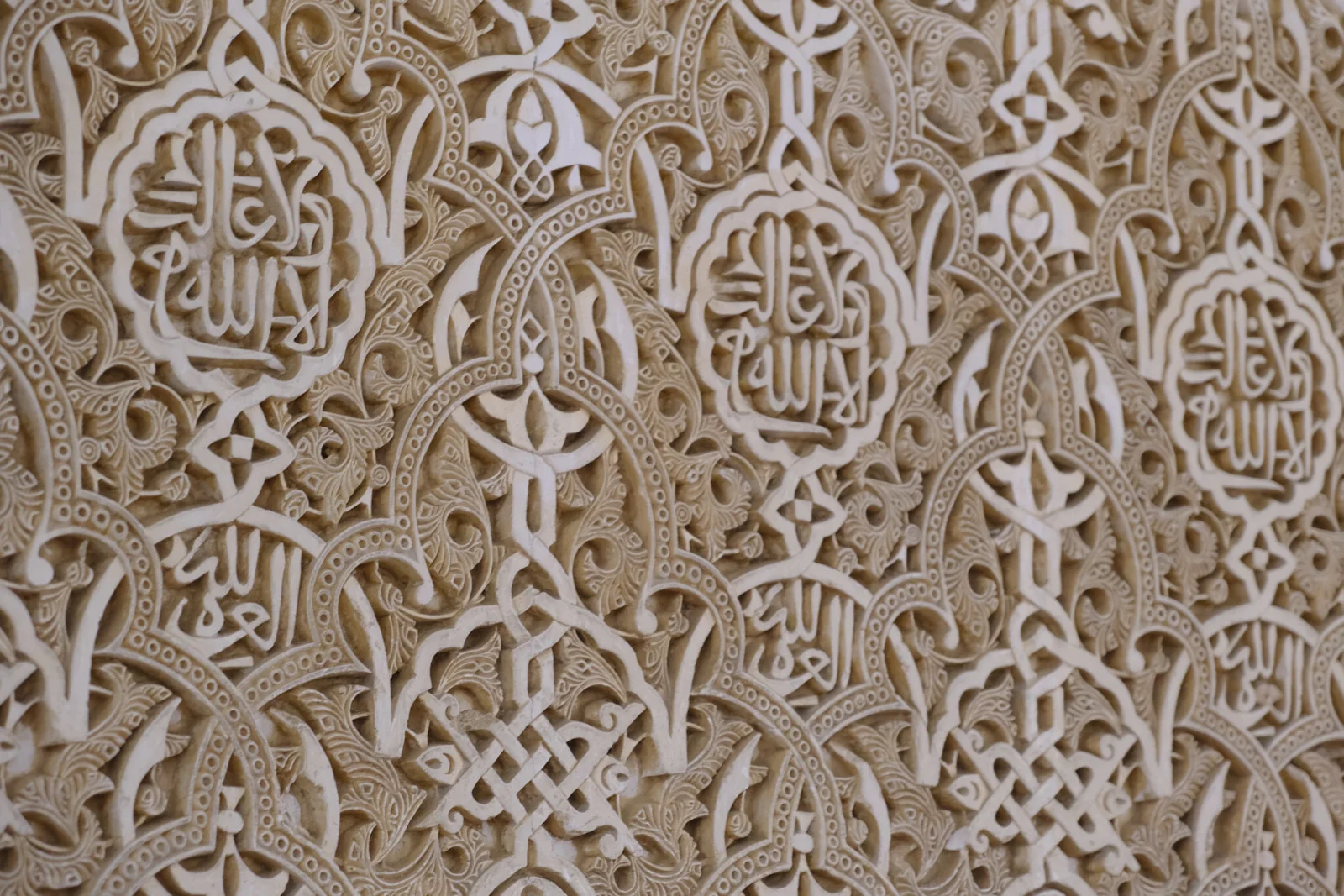 Repeating cartouches of Arabic script set among carved leaves and knots in a stucco wall.