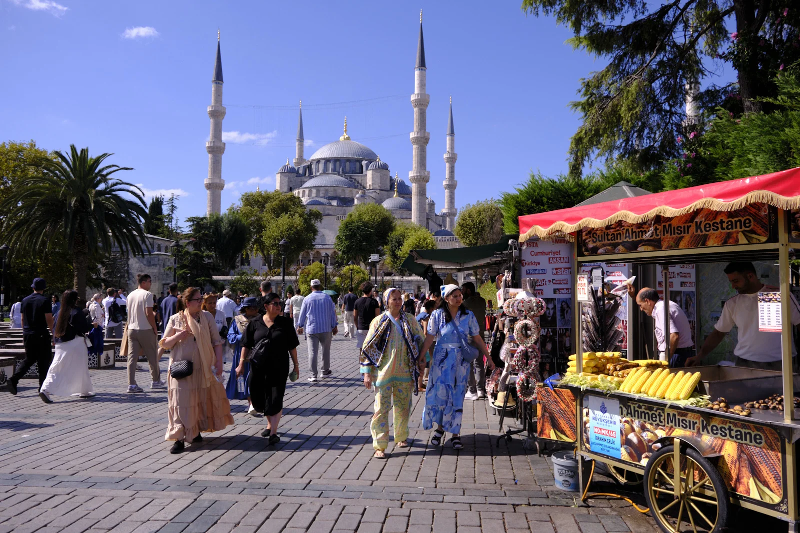 A roasted-corn cart and a crowd on a brick walk, with the Blue Mosque and its minarets behind the trees.