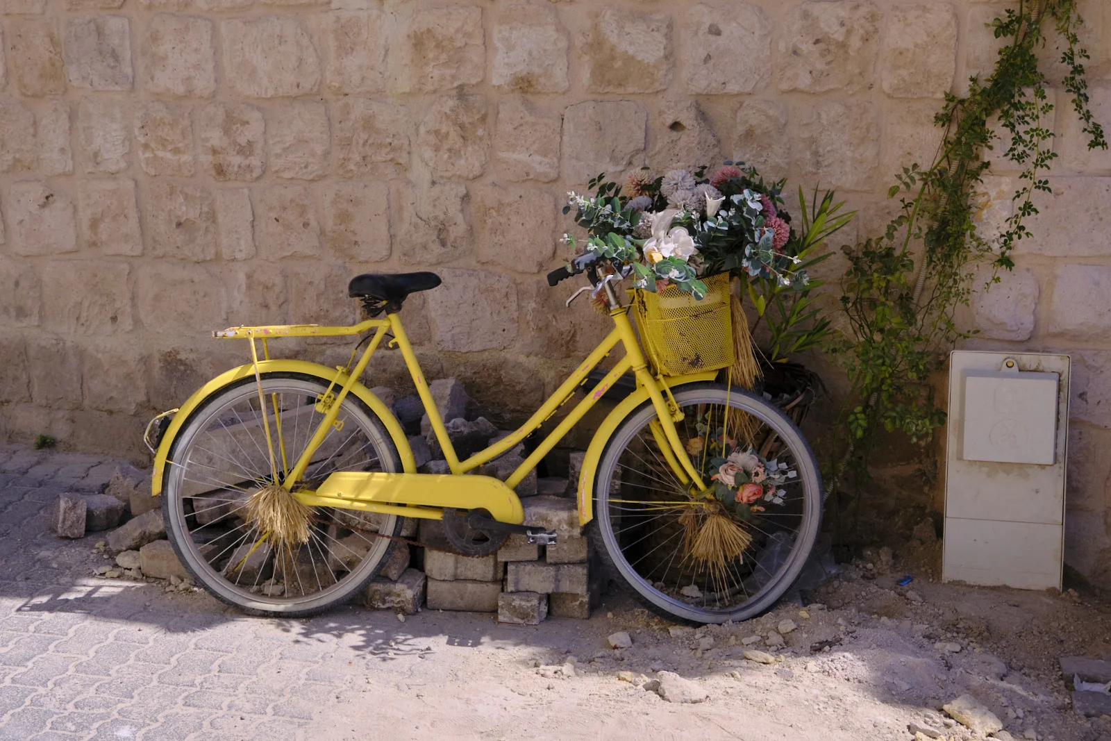 A yellow bicycle with a basket of pink and white flowers leans against a pale stone-block wall beside a climbing vine.