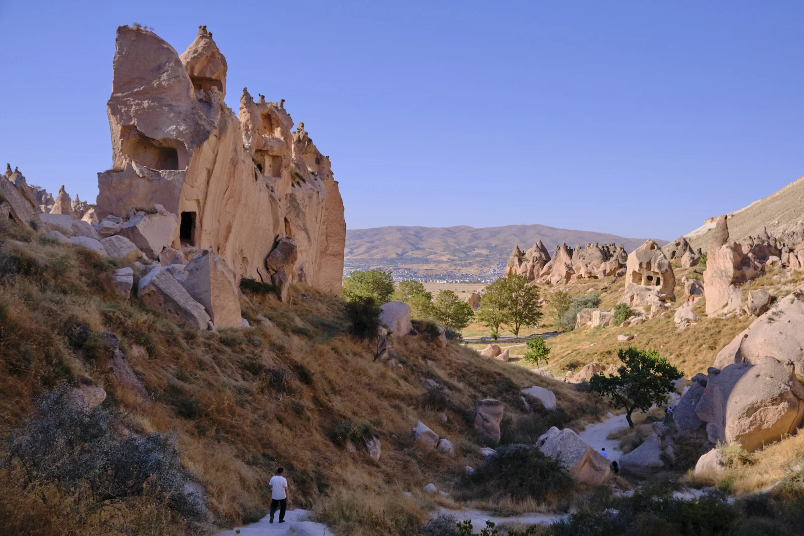A person in a white shirt walks a pale path through dry grass beneath a tall cave-pocked cliff, with cones and hazy hills beyond.