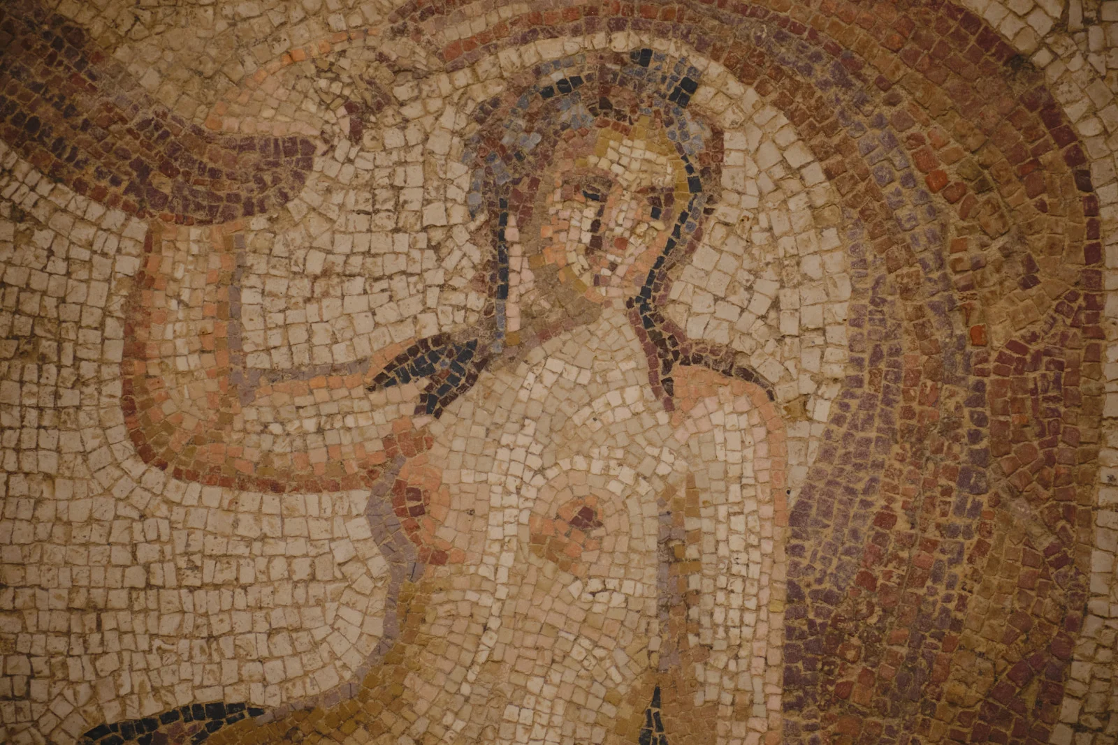 Close view of an ancient mosaic portrait made of cream, rust, and blue stone tiles, showing a face and draped figure.