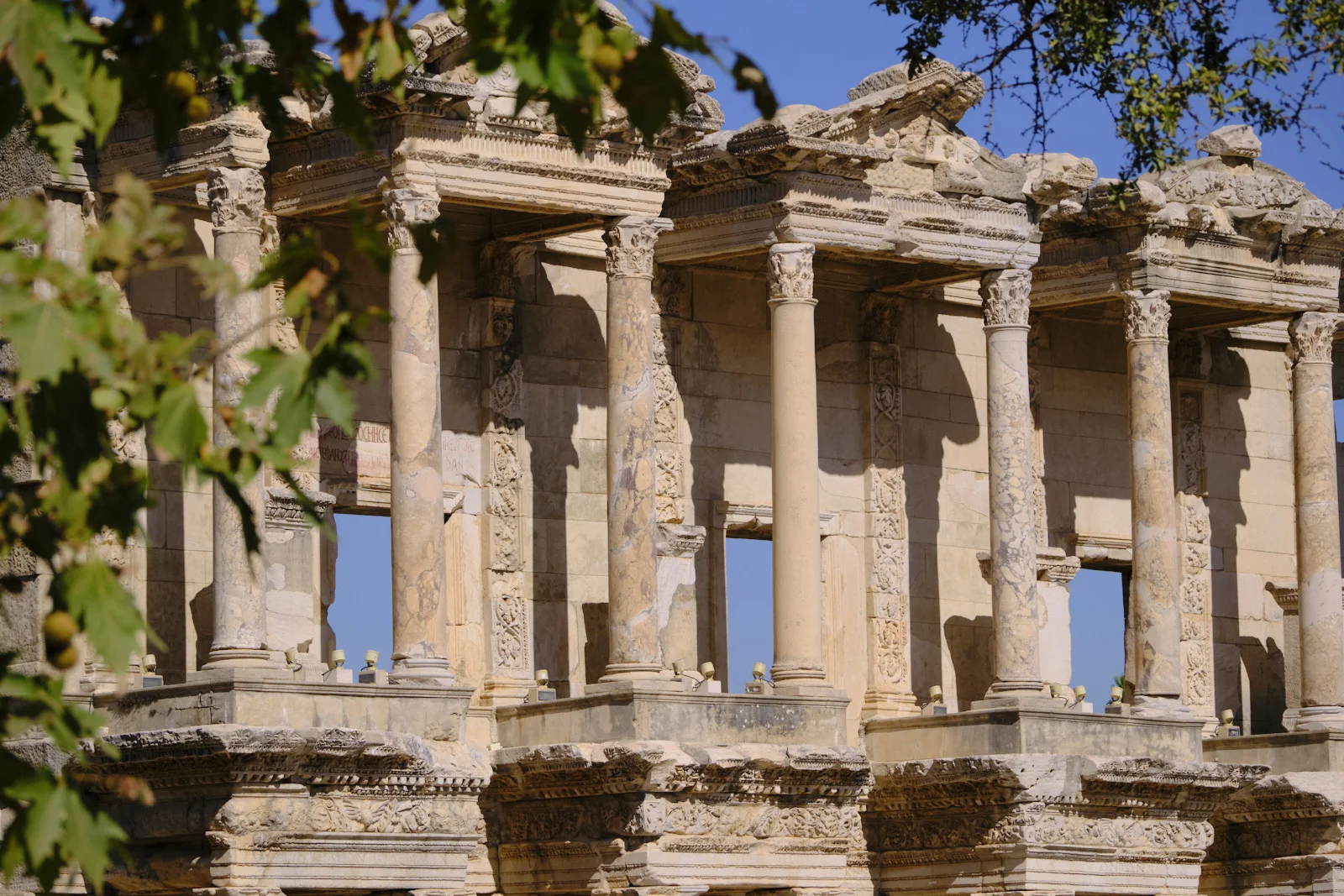 Marble columns and carved panels of an upper colonnade, partly framed by green leaves against a blue sky.