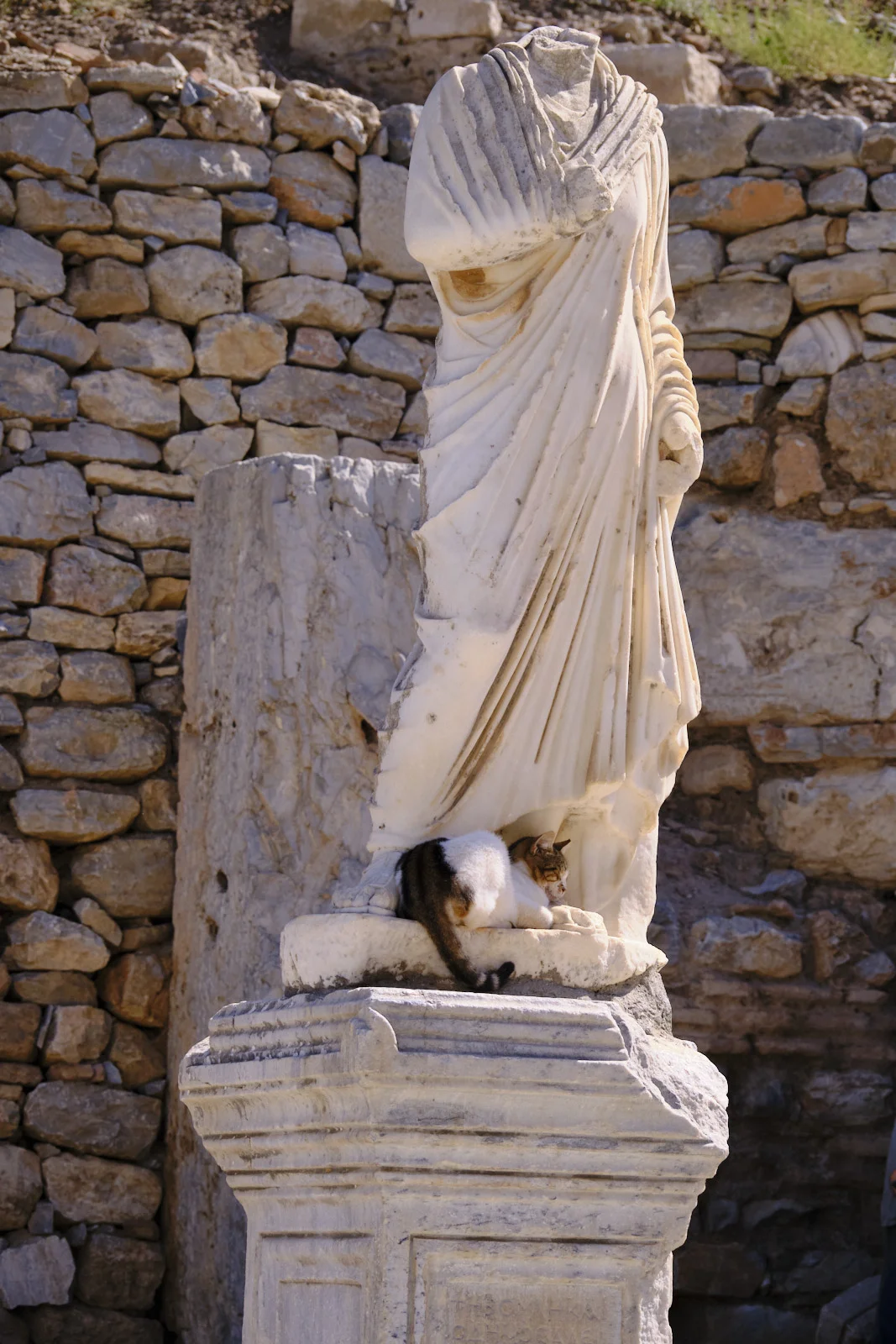 A headless draped marble statue stands on a pedestal while a calico cat sleeps at its feet against a stone wall.