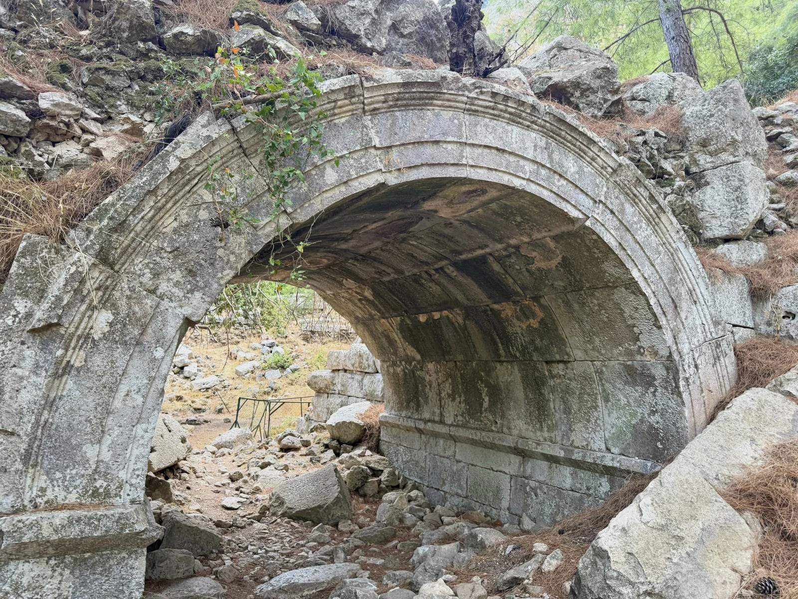 A large ancient stone arch built into a rocky, pine-covered slope, with rubble in the passage.