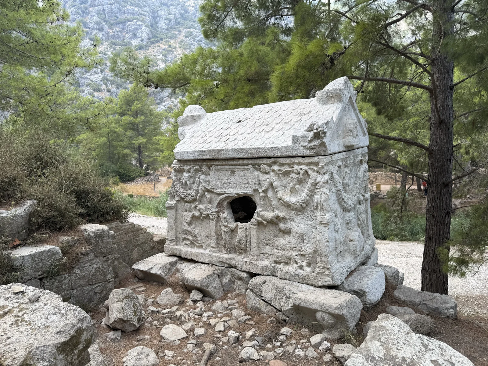 A white marble sarcophagus with a tiled lid and carved figures, set on stones among pine trees.