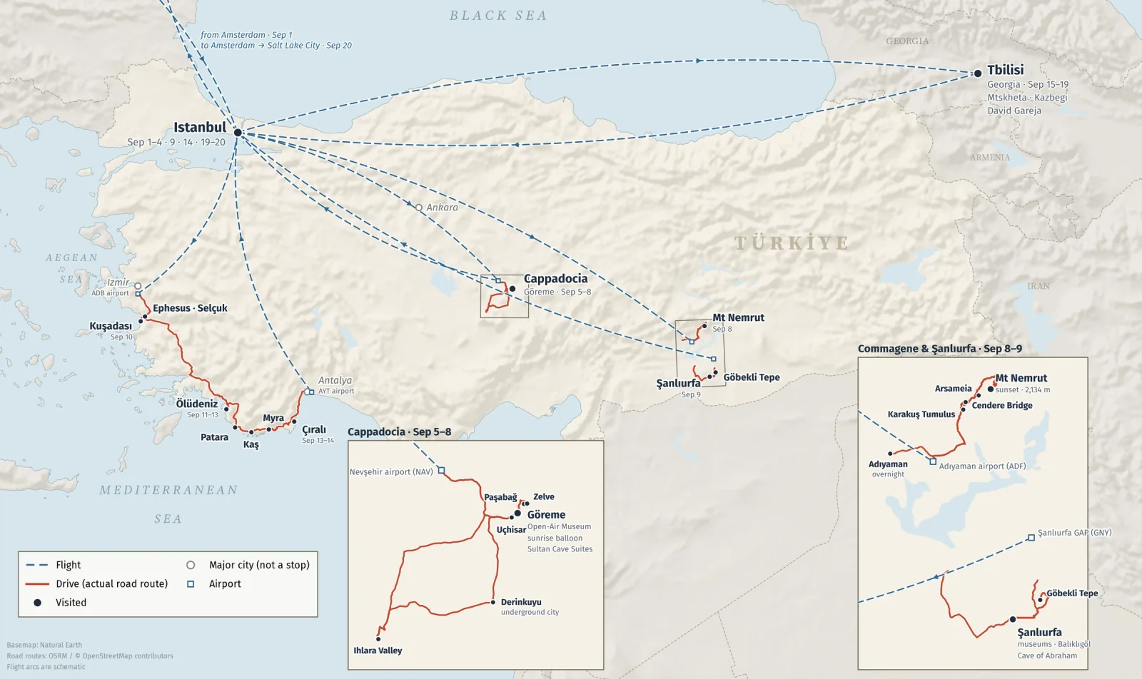 Map of Turkey showing the September 2026 route: flights from Istanbul to Cappadocia, Adıyaman, Şanlıurfa, İzmir, Antalya and Tbilisi drawn as dashed arcs, and drives from İzmir through Kuşadası, Ephesus, Ölüdeniz, Patara, Kaş, Myra and Çıralı to Antalya drawn along the roads, with inset maps of Cappadocia and the Mount Nemrut and Göbekli Tepe tour.